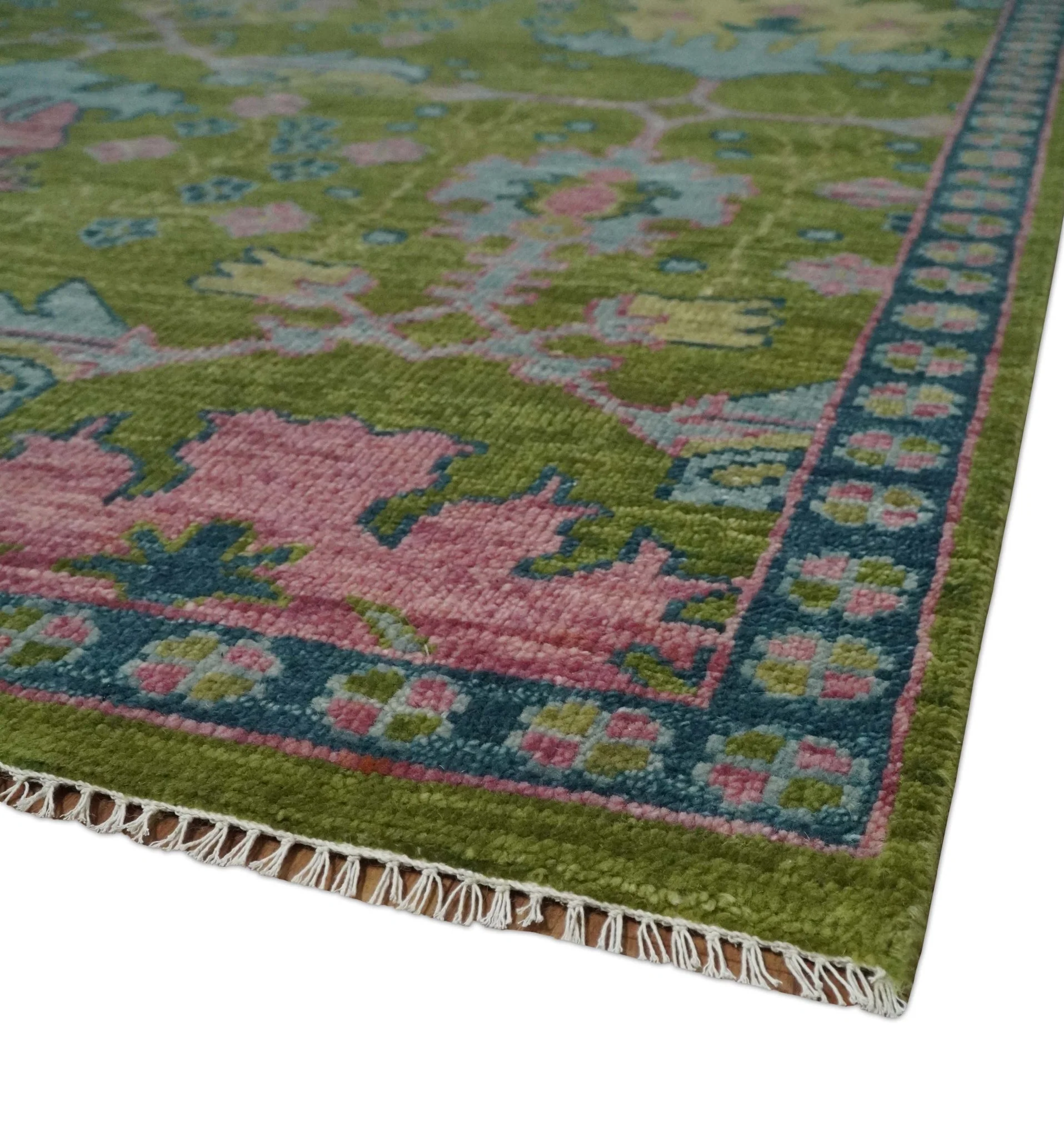 8x10 Green, Blue and Peach Hand Knotted Vibrant Donegal Floral Wool Rug - Image 5