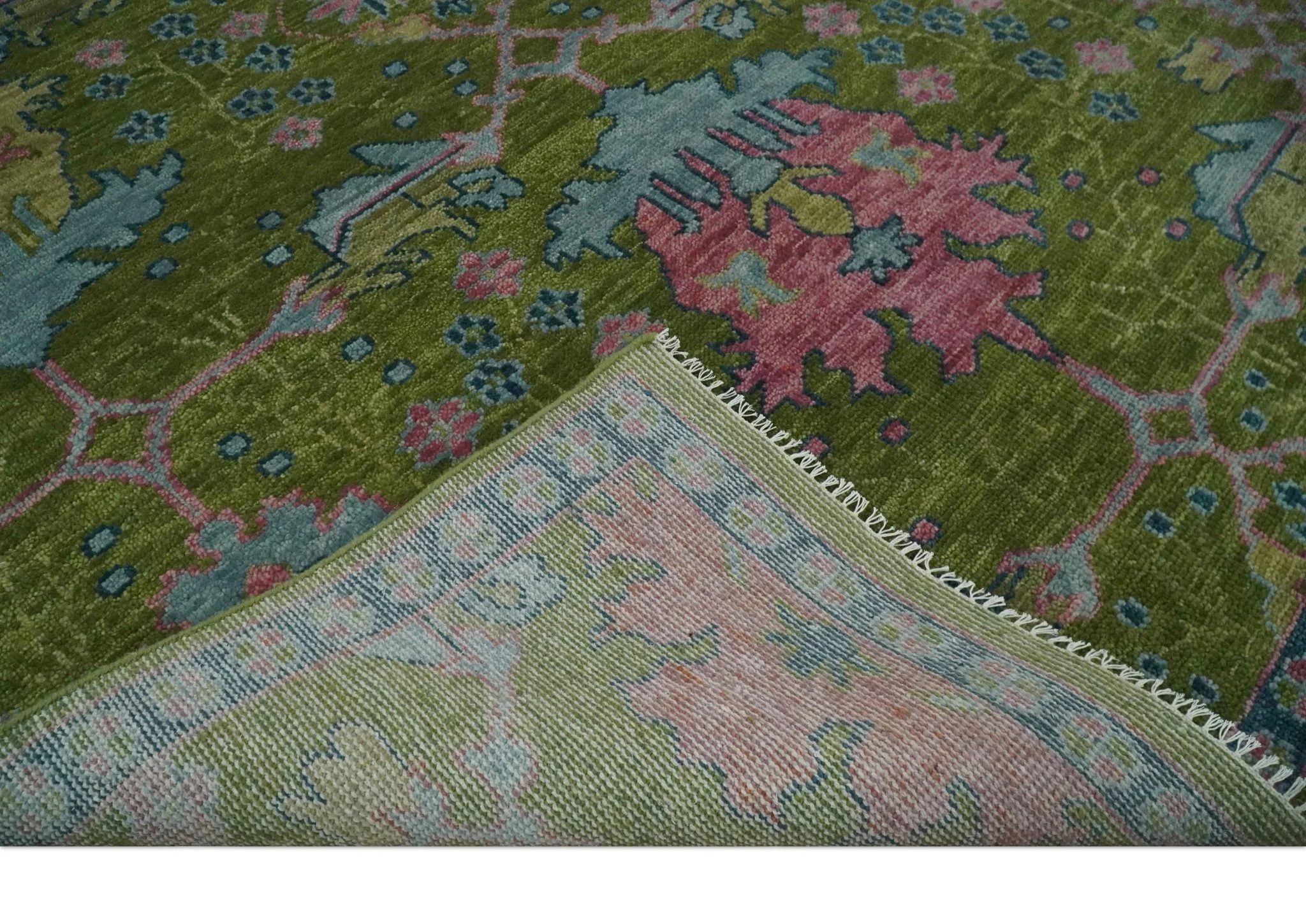 8x10 Green, Blue and Peach Hand Knotted Vibrant Donegal Floral Wool Rug - Image 7