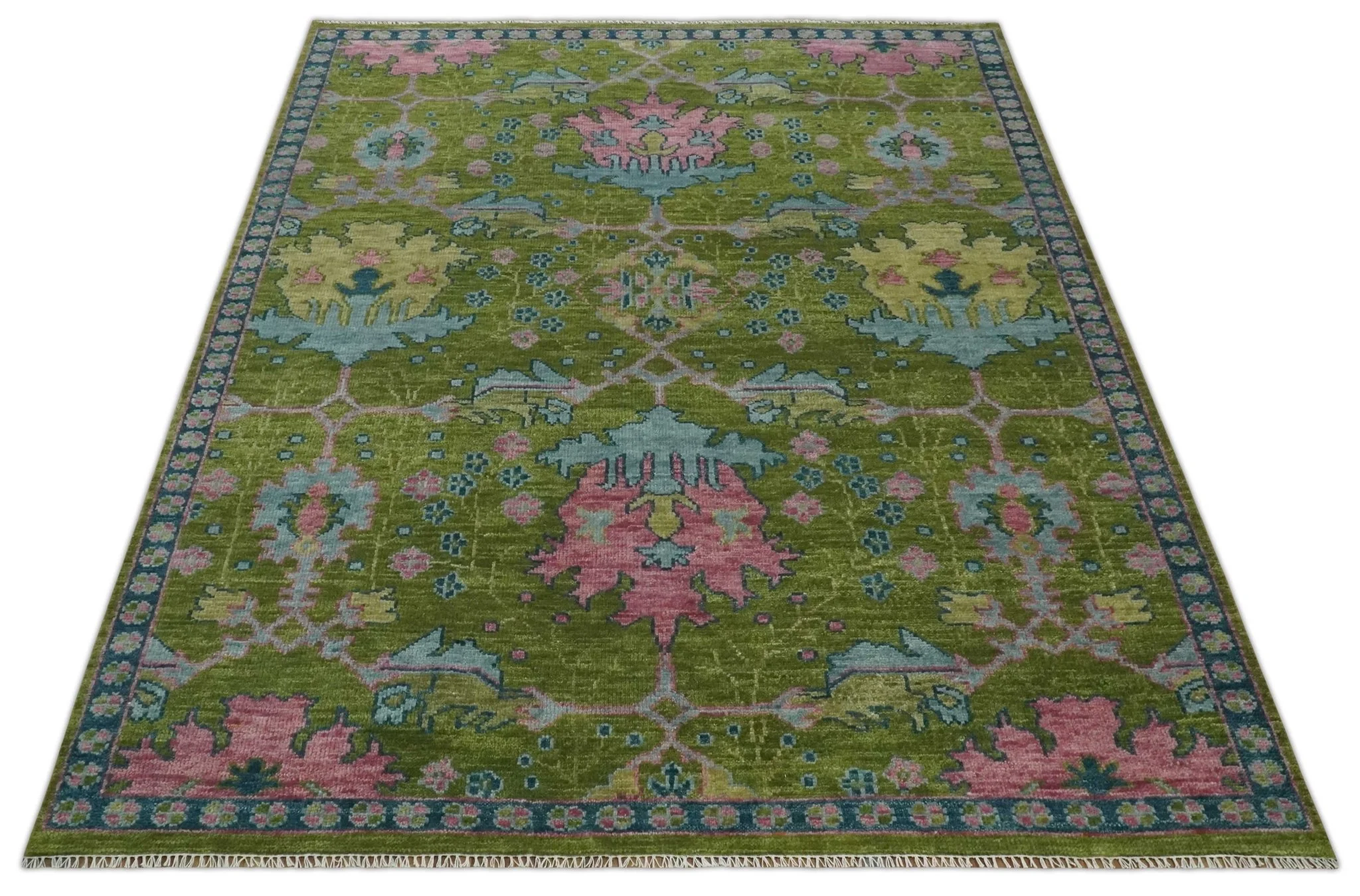 8x10 Green, Blue and Peach Hand Knotted Vibrant Donegal Floral Wool Rug - Image 9