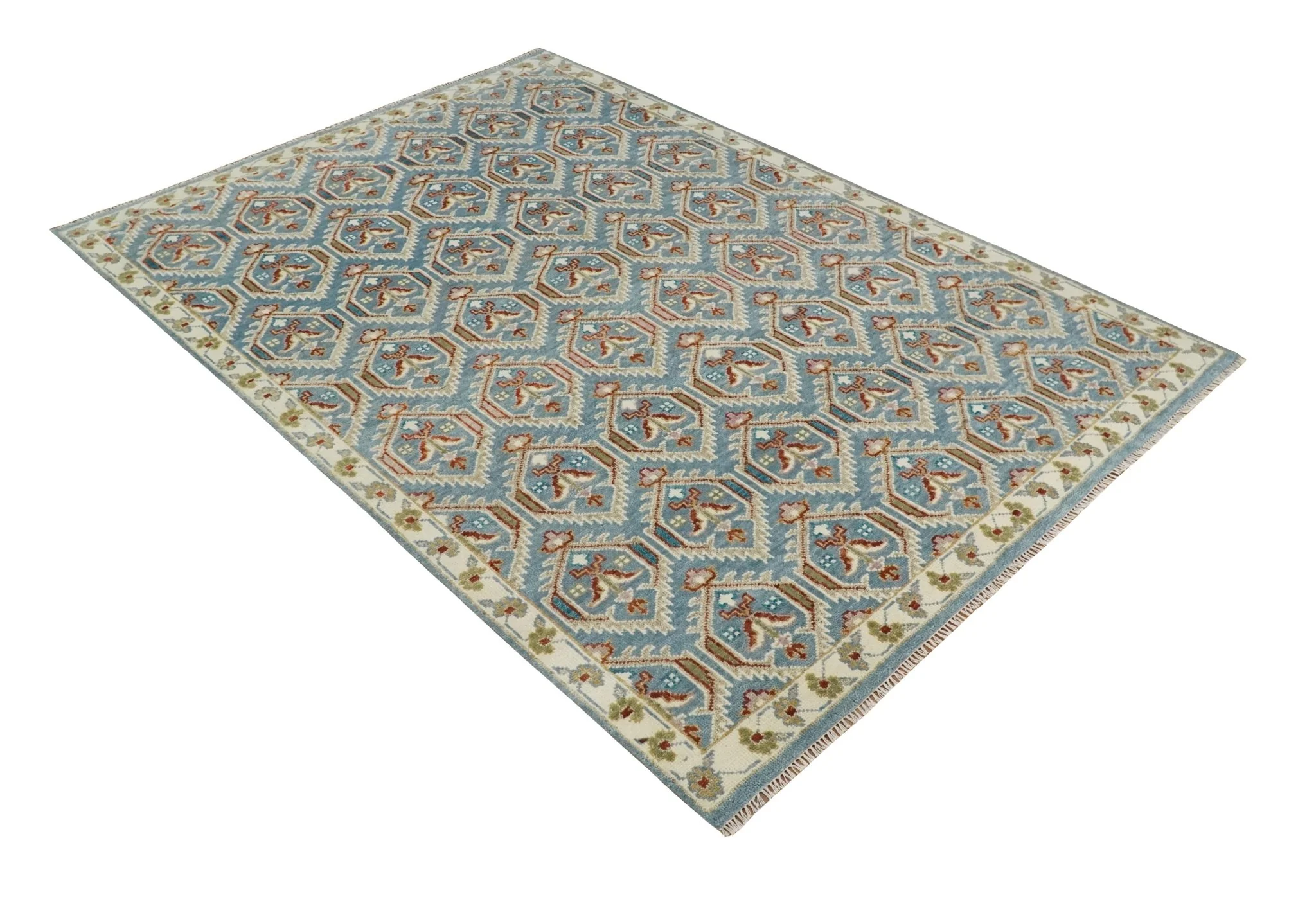 9x12 Hand Knotted Antique Blue, Beige and Rust Traditional Persian Oushak Wool Rug | TRDCP714 - Image 10