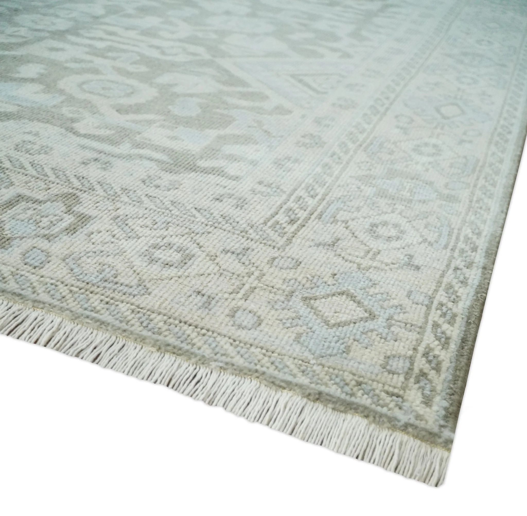 Hand Knotted Low Pile 8x10 Brown, Ivory and Blue Traditional Design Wool Area Rug - Image 10