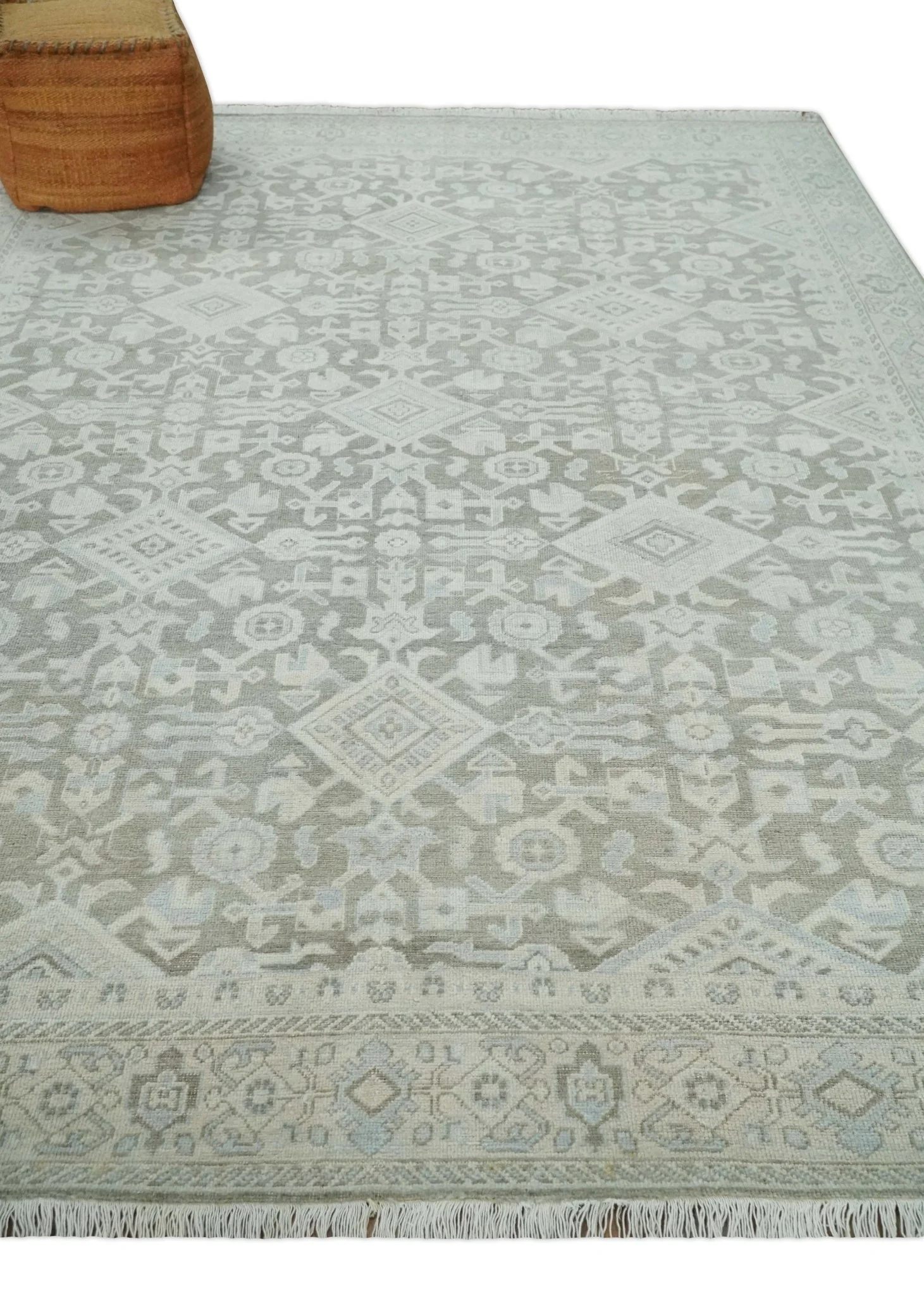 Hand Knotted Low Pile 8x10 Brown, Ivory and Blue Traditional Design Wool Area Rug - Image 3