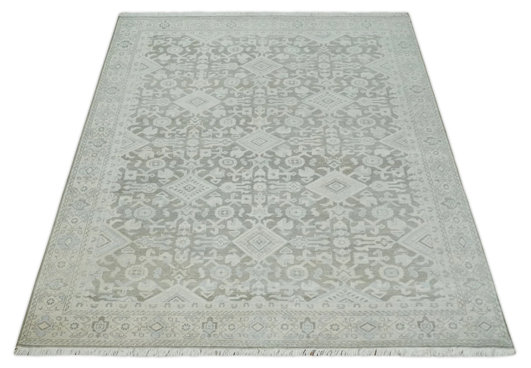 Hand Knotted Low Pile 8x10 Brown, Ivory and Blue Traditional Design Wool Area Rug - Image 6