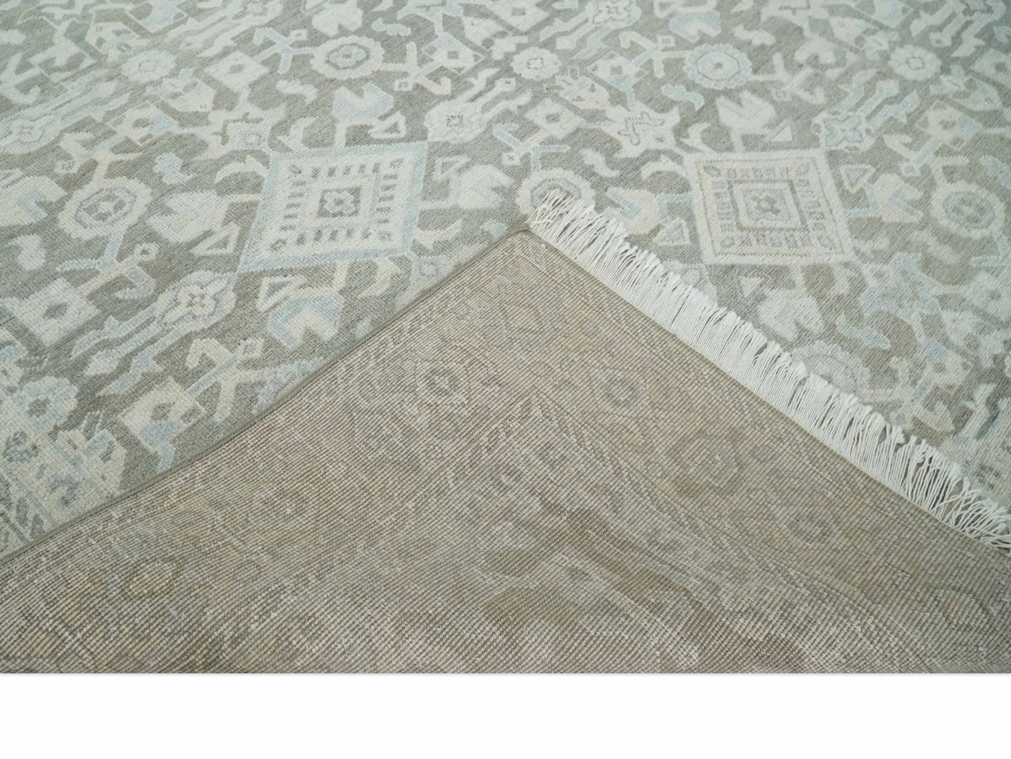 Hand Knotted Low Pile 8x10 Brown, Ivory and Blue Traditional Design Wool Area Rug - Image 7