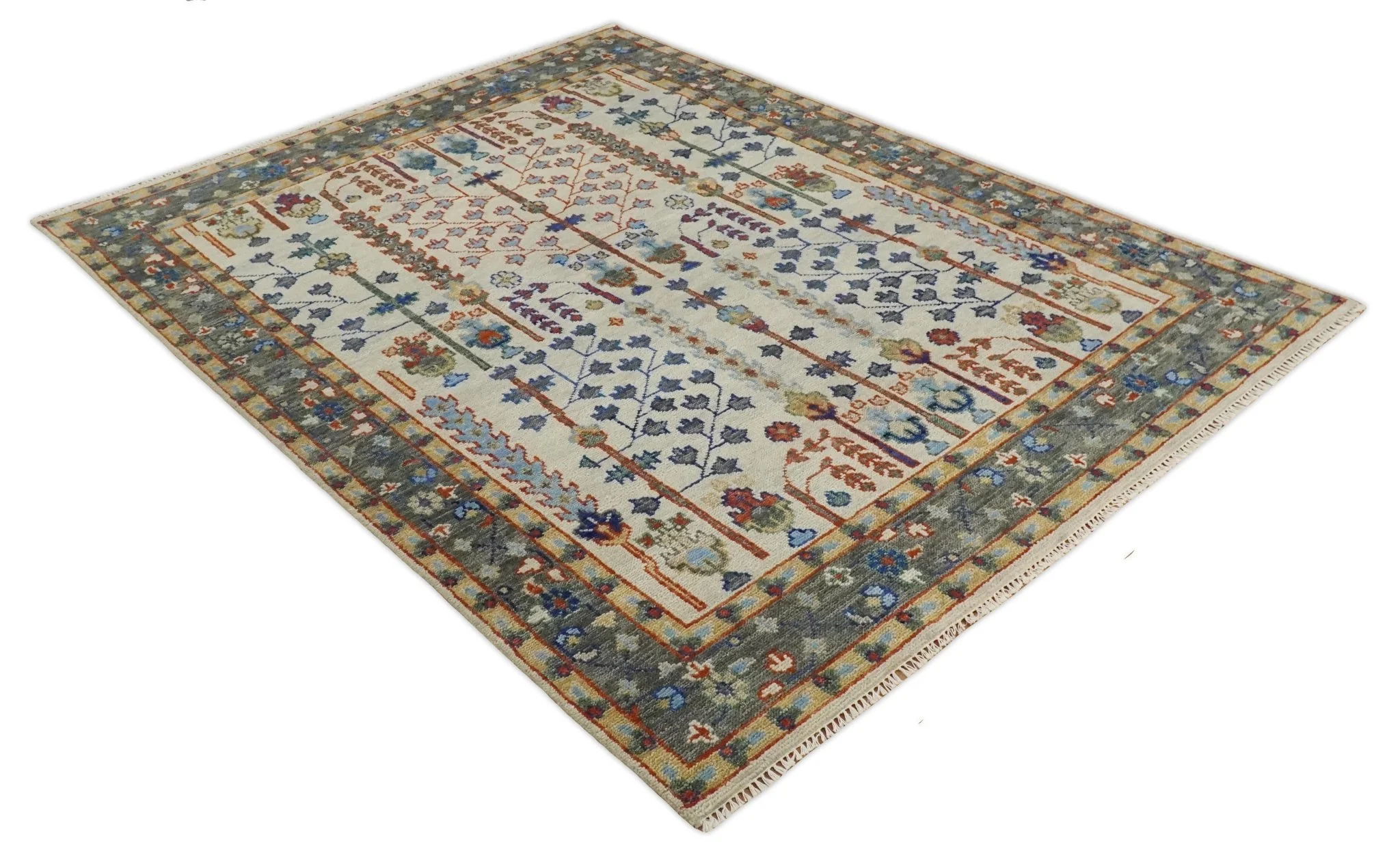 Hand Knotted Antique Ivory, Blue and Gray Traditional Vintage Style Oushak Wool Rug - Image 10