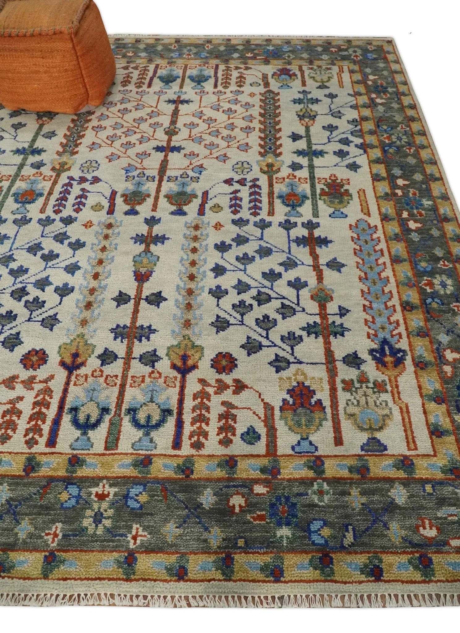 Hand Knotted Antique Ivory, Blue and Gray Traditional Vintage Style Oushak Wool Rug - Image 3