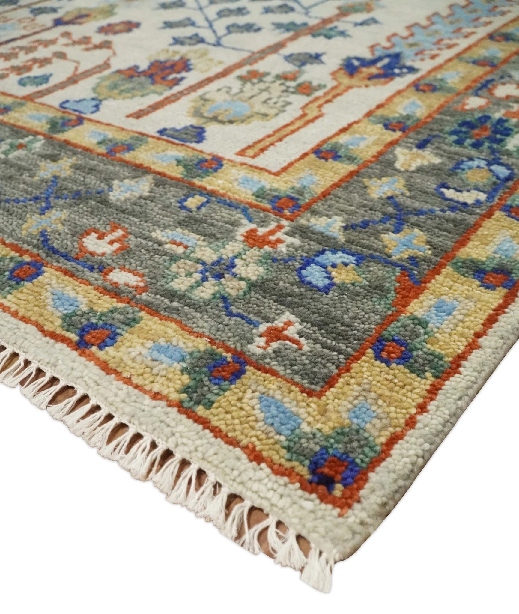 Hand Knotted Antique Ivory, Blue and Gray Traditional Vintage Style Oushak Wool Rug - Image 5