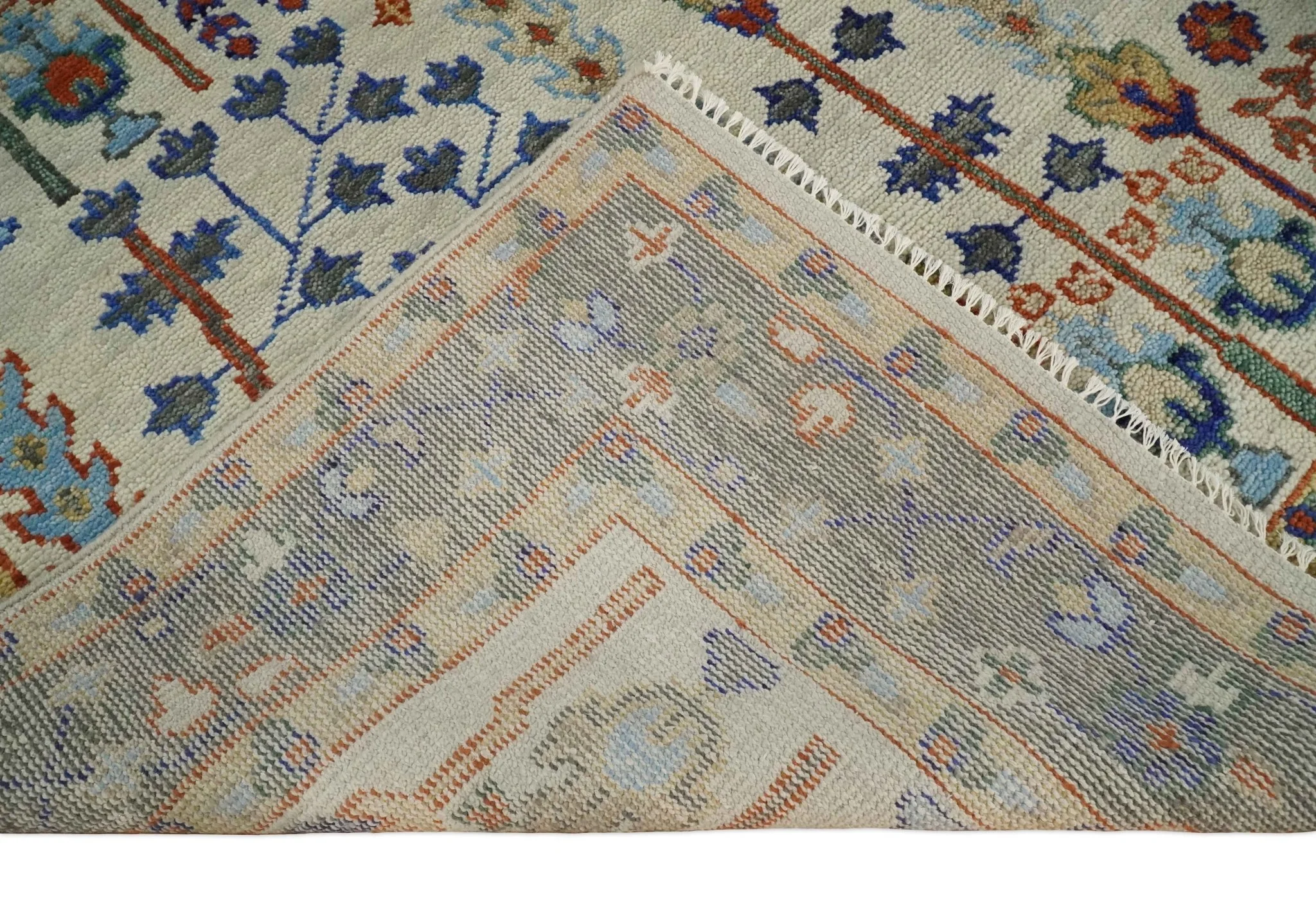 Hand Knotted Antique Ivory, Blue and Gray Traditional Vintage Style Oushak Wool Rug - Image 7