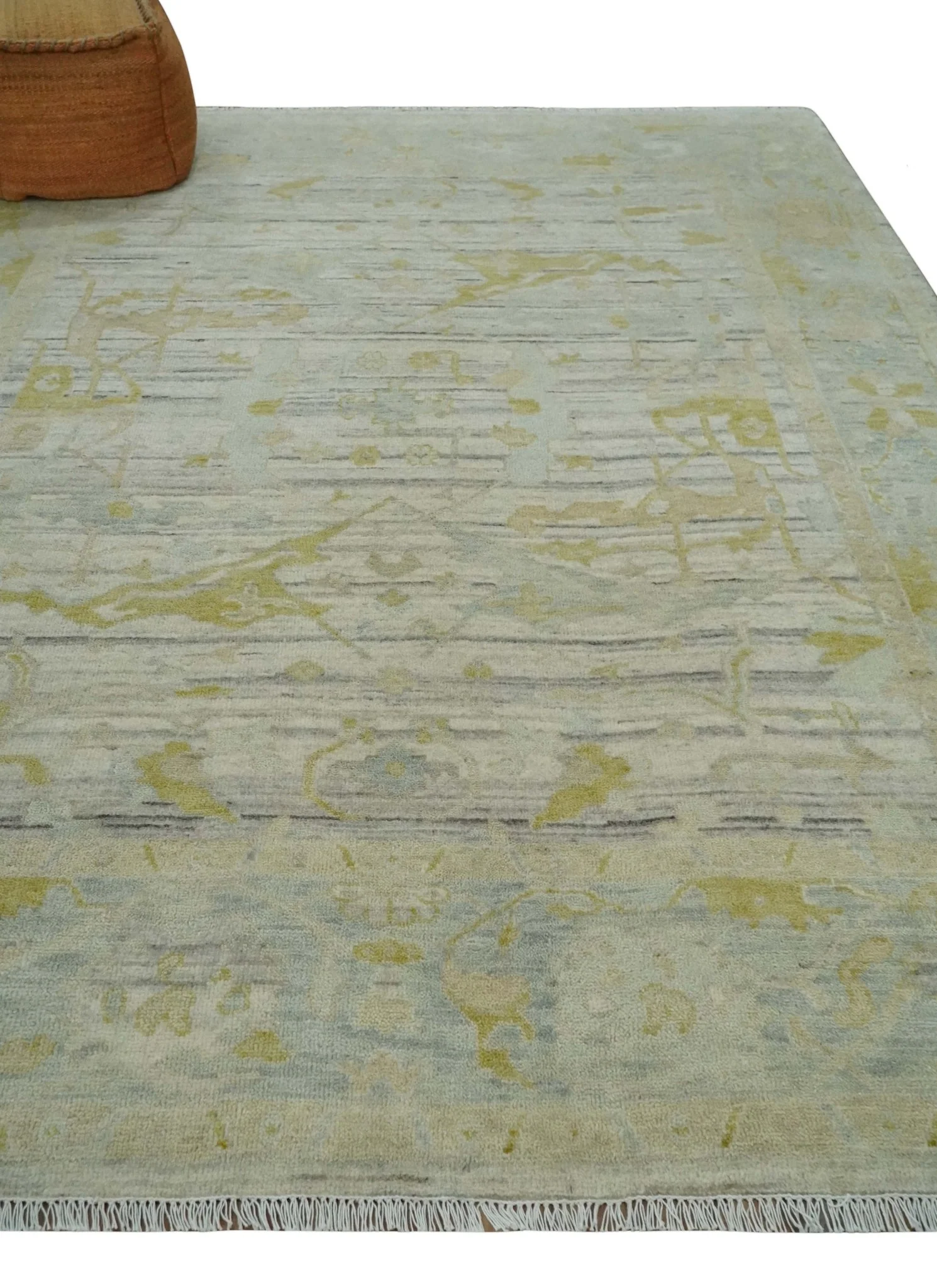 8x10 Hand Knotted Antique Ivory, Silver and Olive Traditional Wool Rug - Image 3
