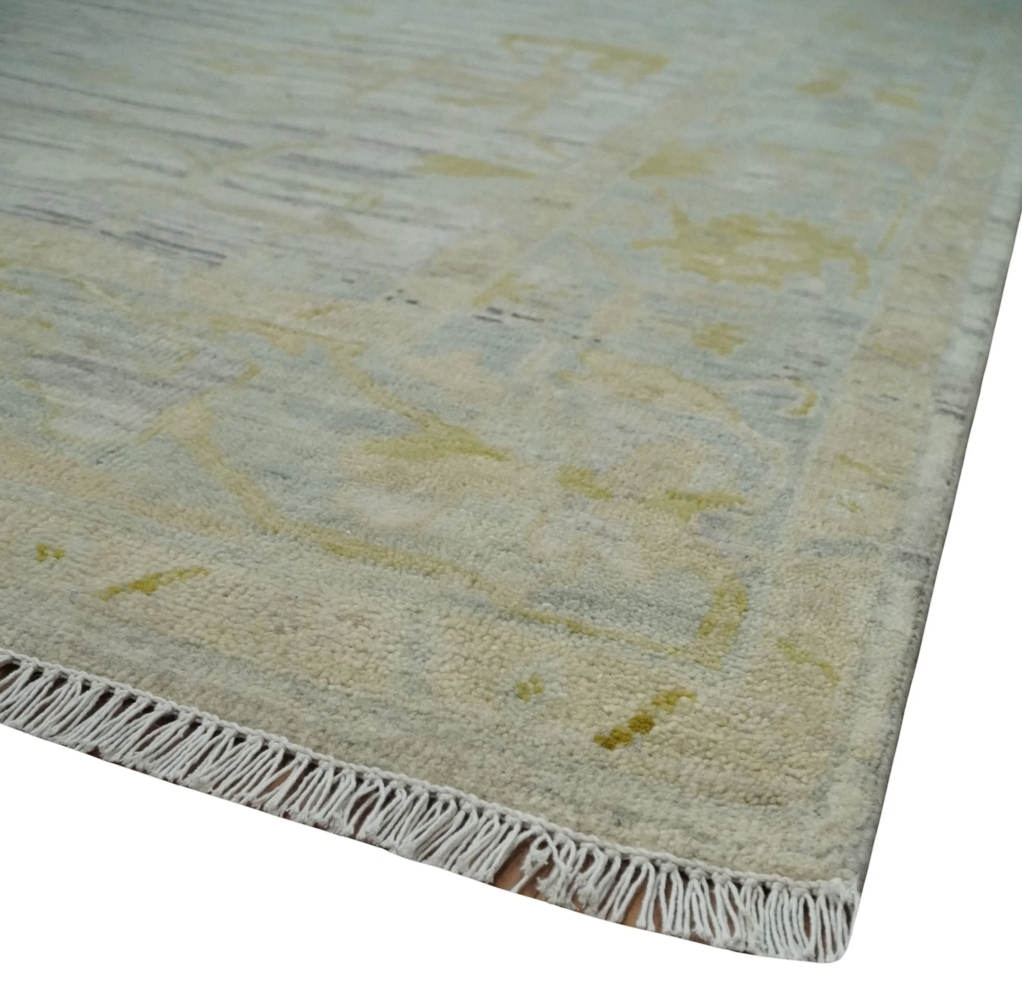 8x10 Hand Knotted Antique Ivory, Silver and Olive Traditional Wool Rug - Image 5