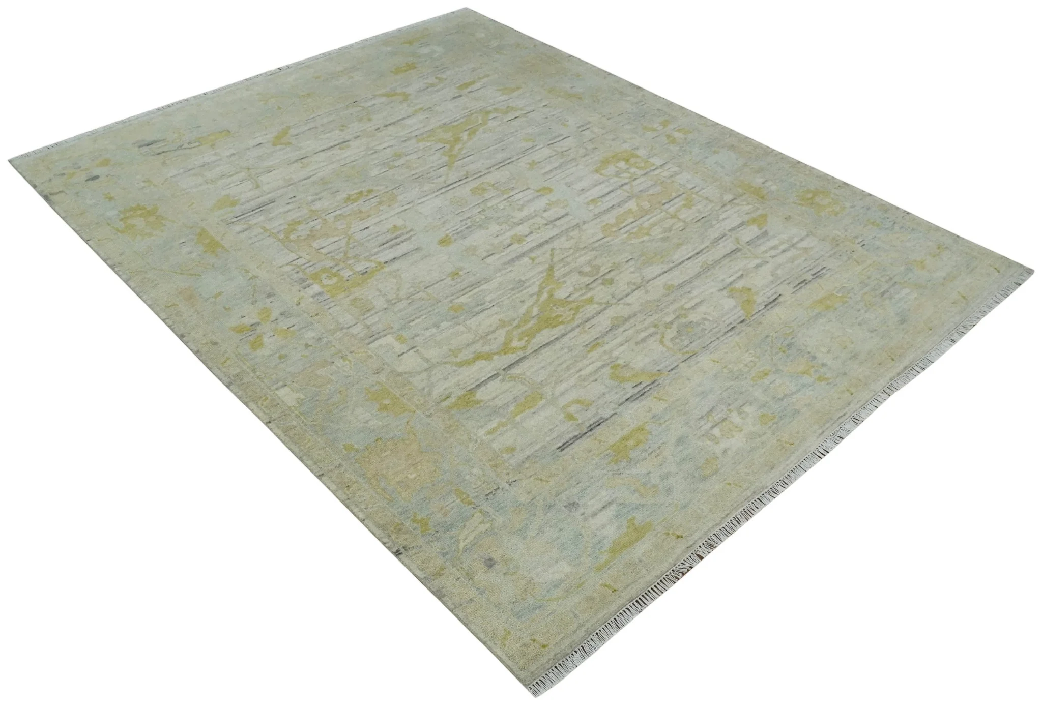 8x10 Hand Knotted Antique Ivory, Silver and Olive Traditional Wool Rug - Image 8