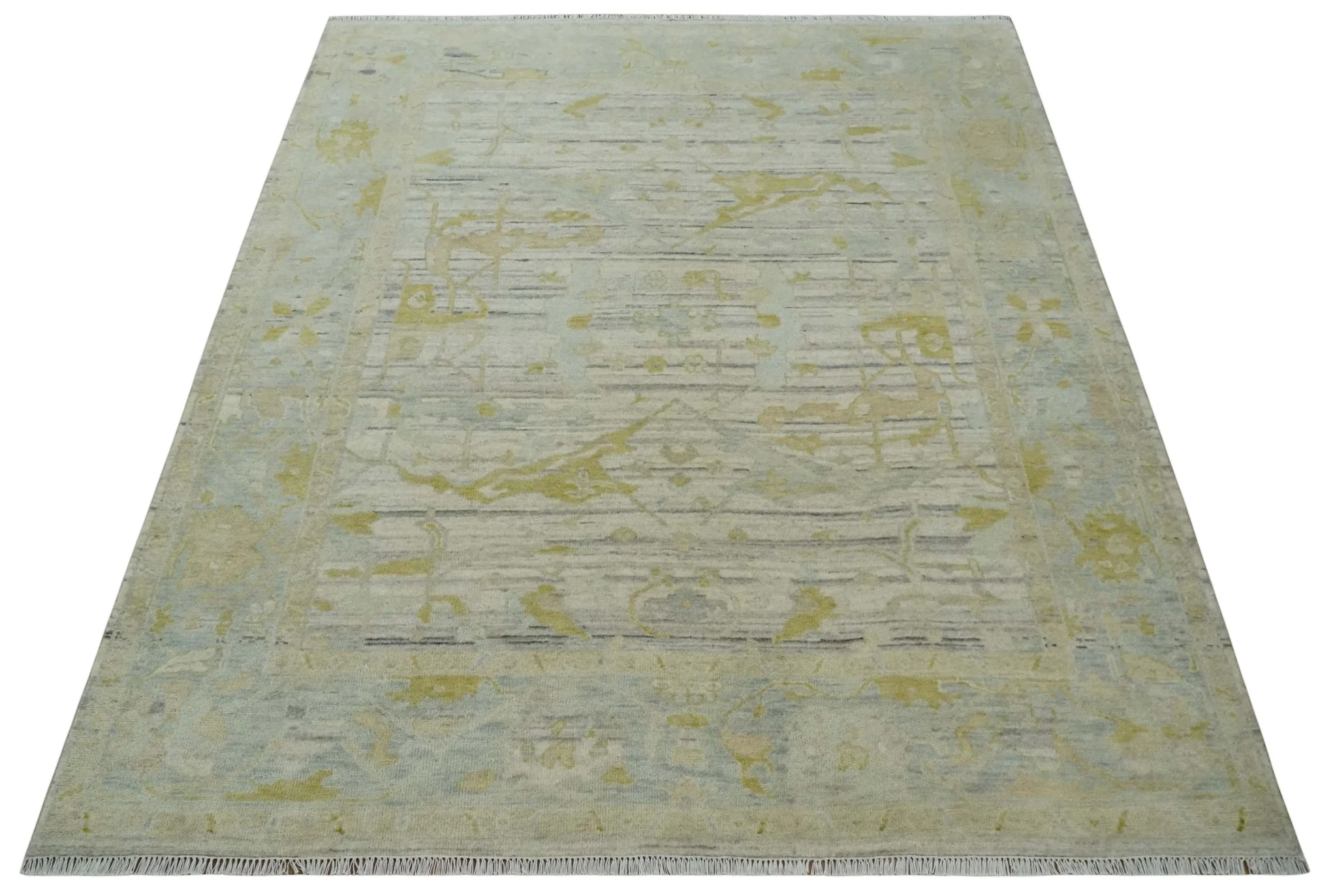 8x10 Hand Knotted Antique Ivory, Silver and Olive Traditional Wool Rug - Image 9