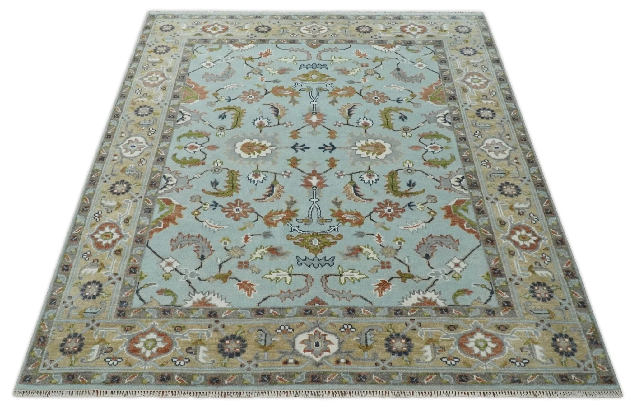 Light Blue and Camel 8x10 Hand Knotted Traditional Floral Oushak Rug - Image 10