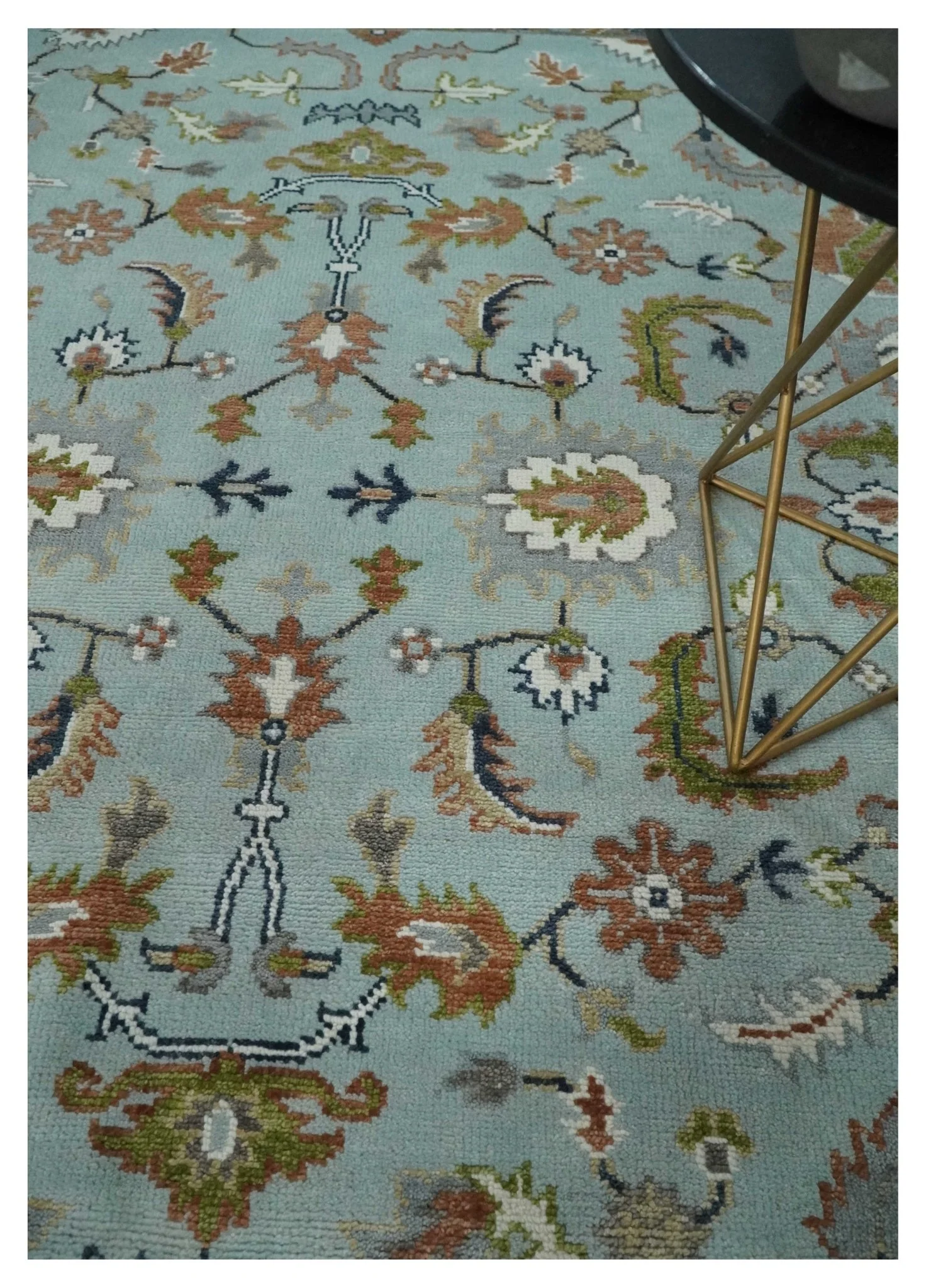 Light Blue and Camel 8x10 Hand Knotted Traditional Floral Oushak Rug - Image 2