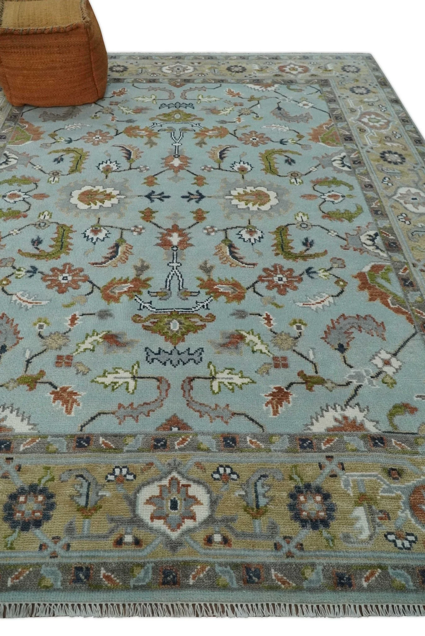 Light Blue and Camel 8x10 Hand Knotted Traditional Floral Oushak Rug - Image 3