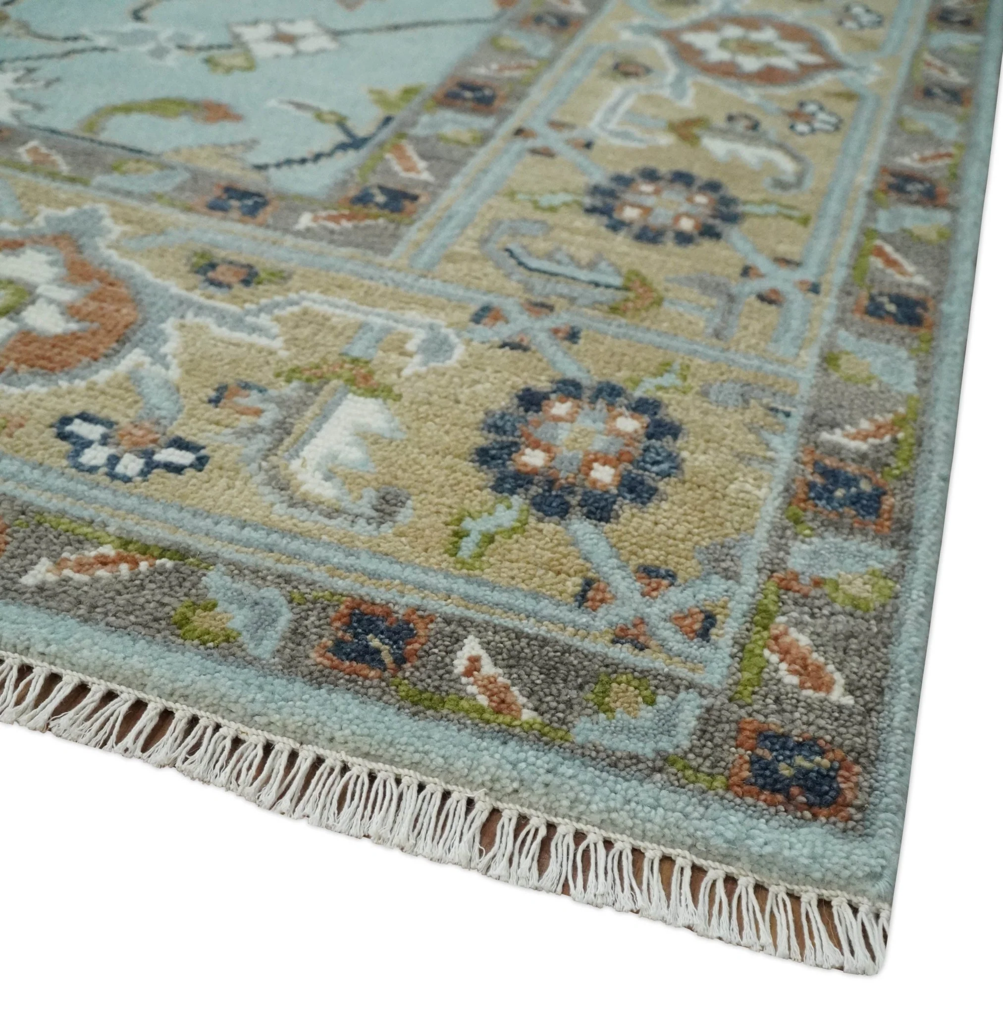 Light Blue and Camel 8x10 Hand Knotted Traditional Floral Oushak Rug - Image 5