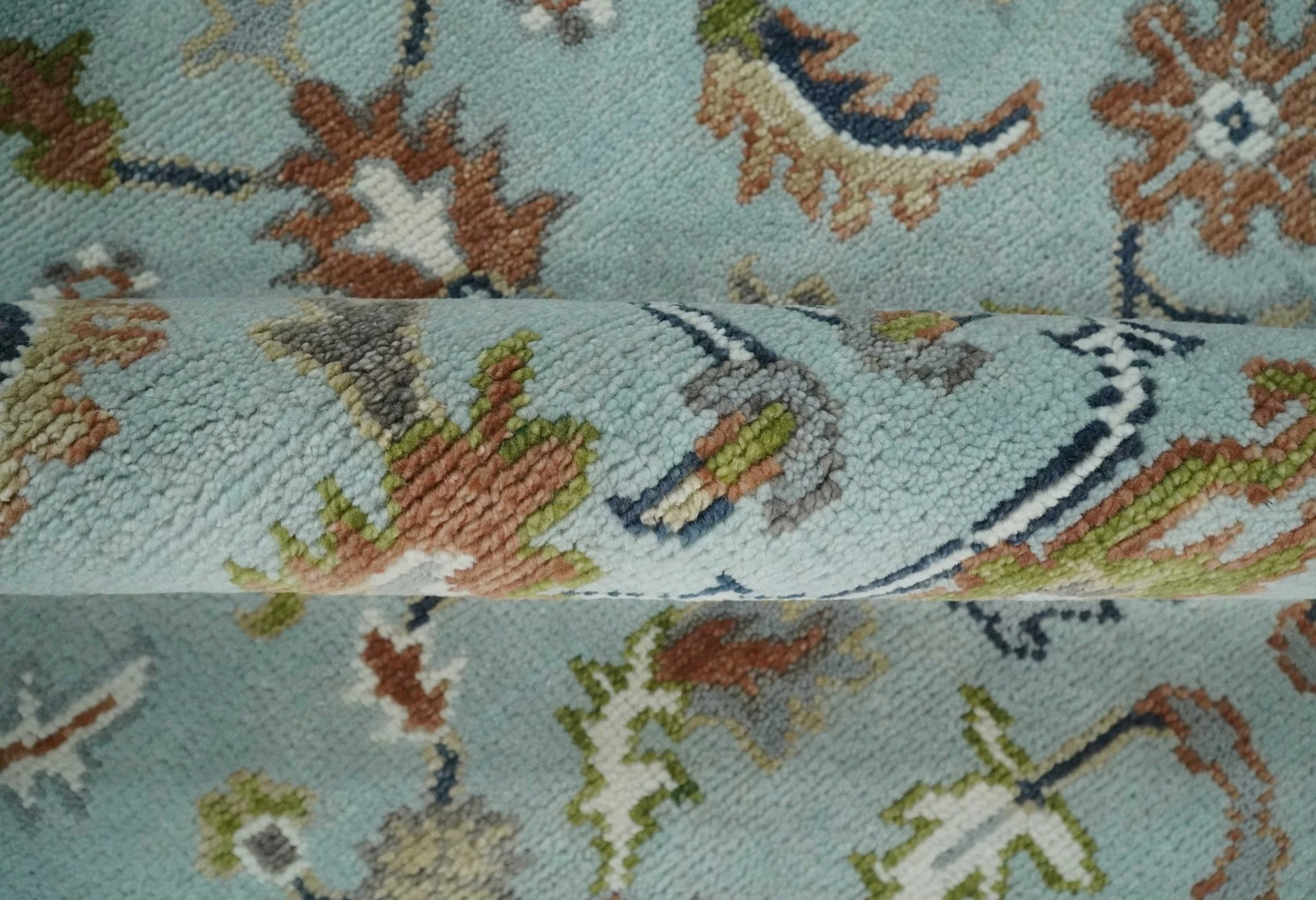Light Blue and Camel 8x10 Hand Knotted Traditional Floral Oushak Rug - Image 6