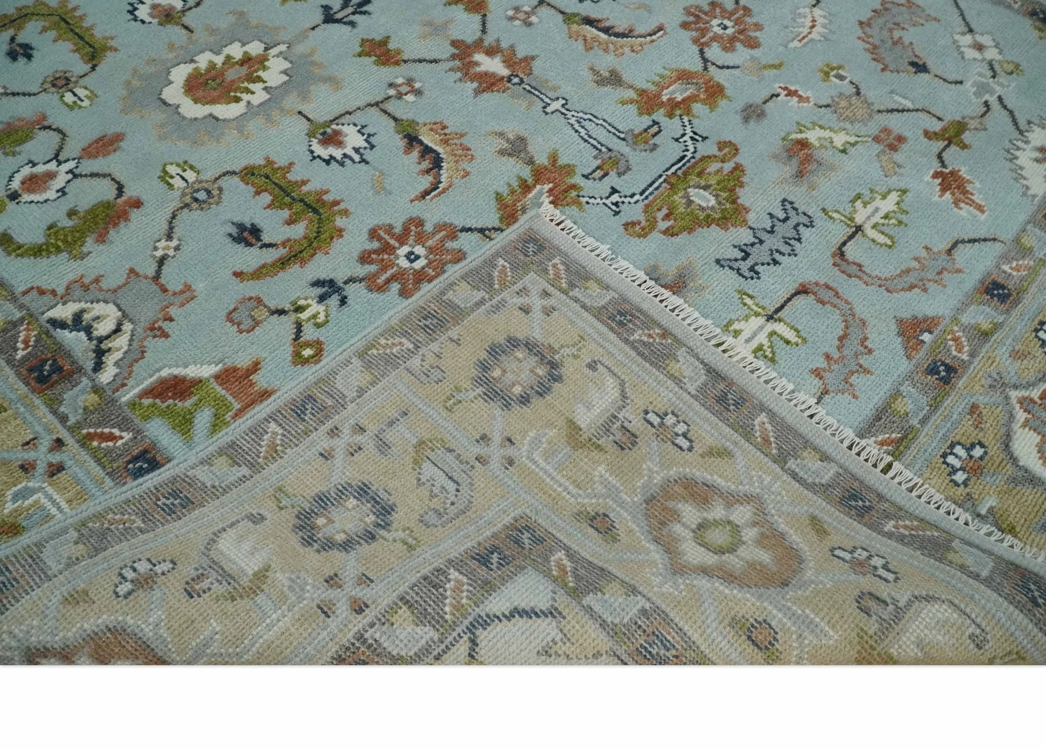 Light Blue and Camel 8x10 Hand Knotted Traditional Floral Oushak Rug - Image 7