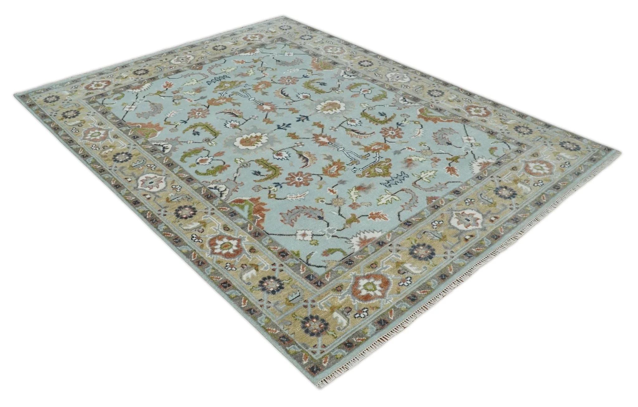 Light Blue and Camel 8x10 Hand Knotted Traditional Floral Oushak Rug - Image 9