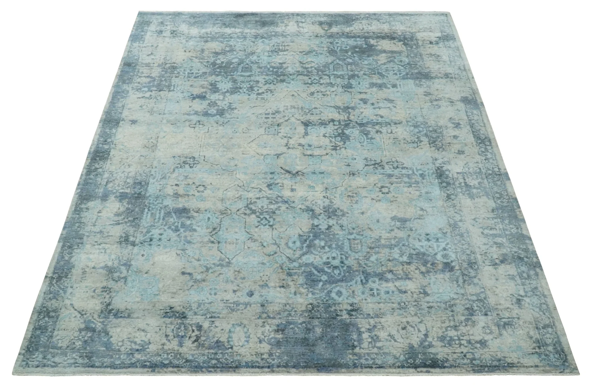 Fine Real Silk 8x10 Hand Knotted Aqua, Camel and Charcoal Antique Traditional Rug - Image 10