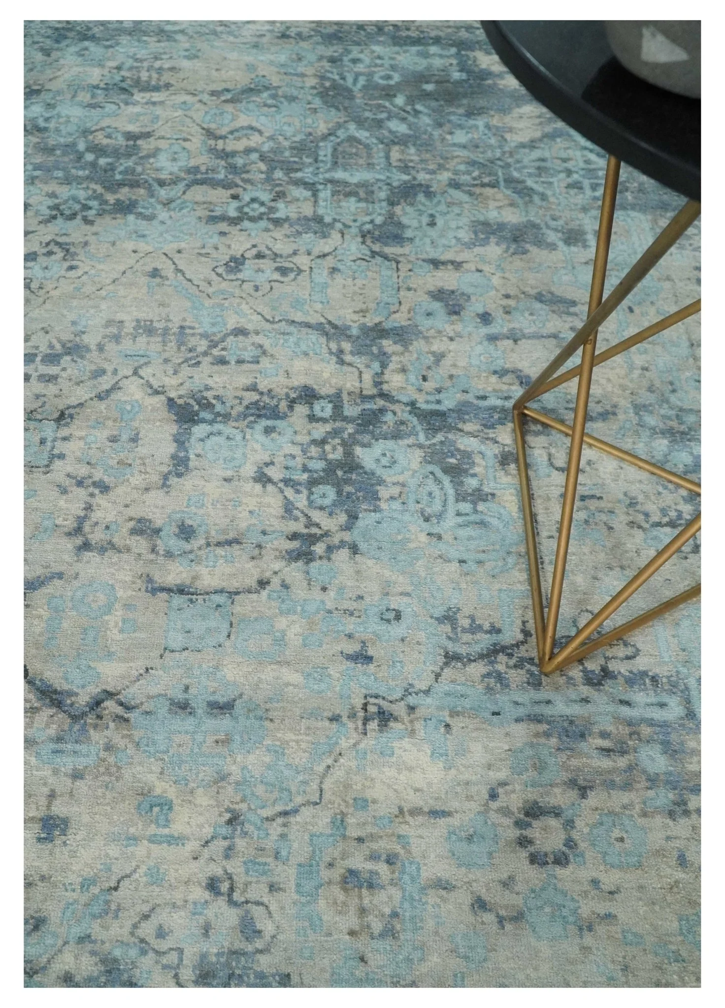 Fine Real Silk 8x10 Hand Knotted Aqua, Camel and Charcoal Antique Traditional Rug - Image 2