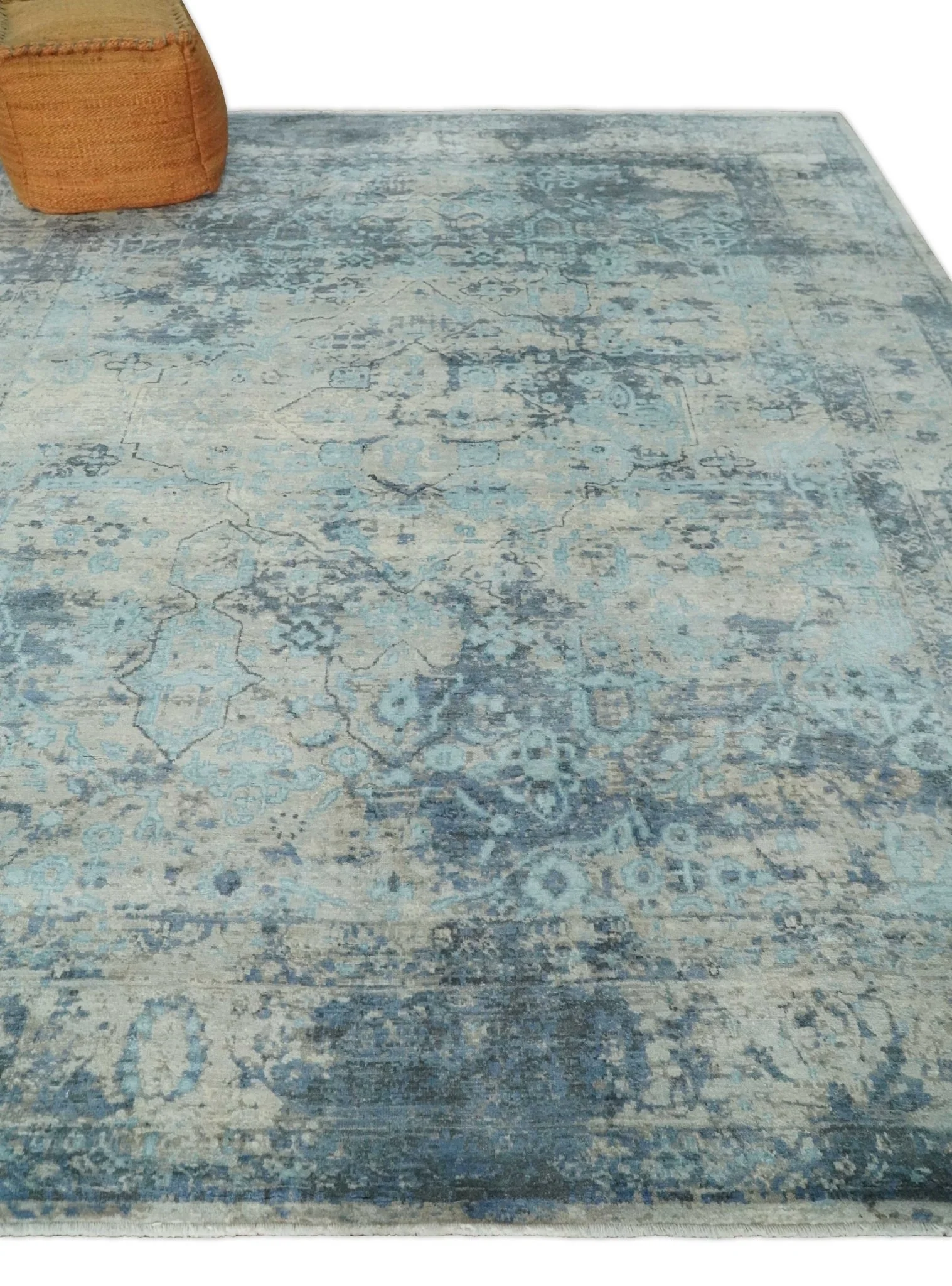 Fine Real Silk 8x10 Hand Knotted Aqua, Camel and Charcoal Antique Traditional Rug - Image 3