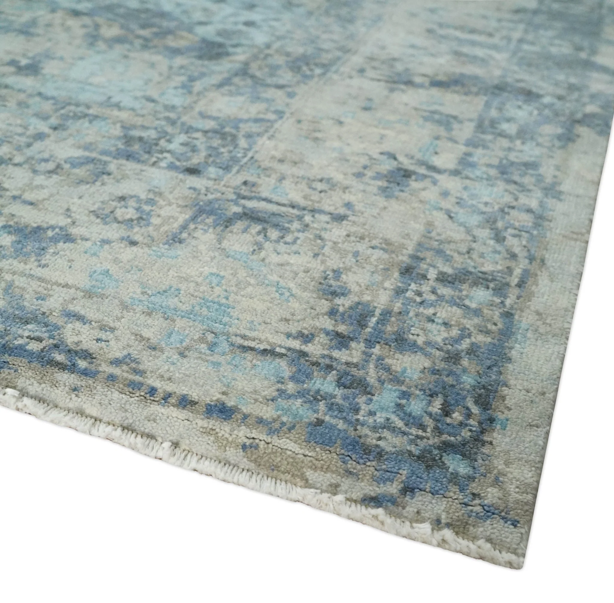 Fine Real Silk 8x10 Hand Knotted Aqua, Camel and Charcoal Antique Traditional Rug - Image 5