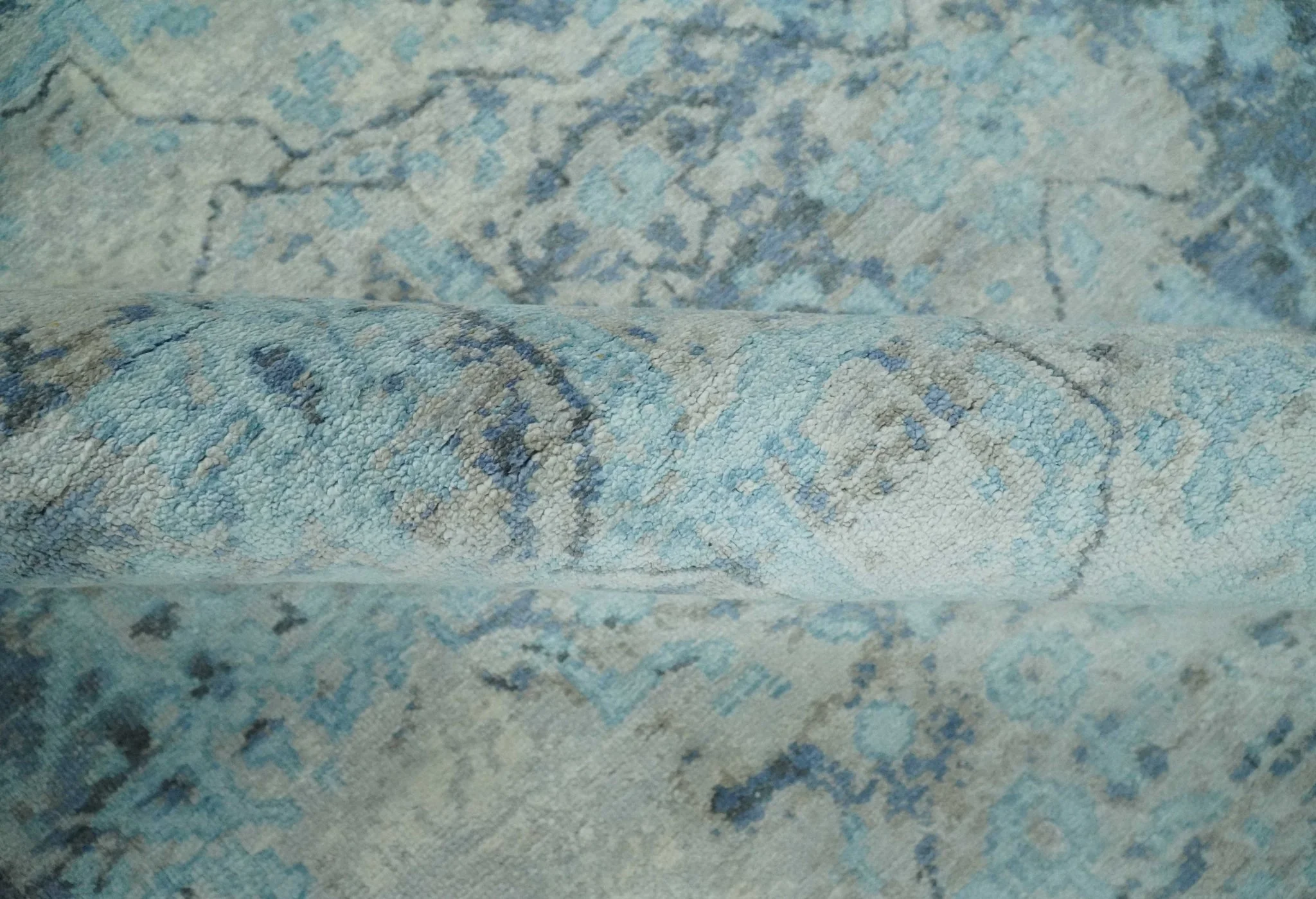 Fine Real Silk 8x10 Hand Knotted Aqua, Camel and Charcoal Antique Traditional Rug - Image 6
