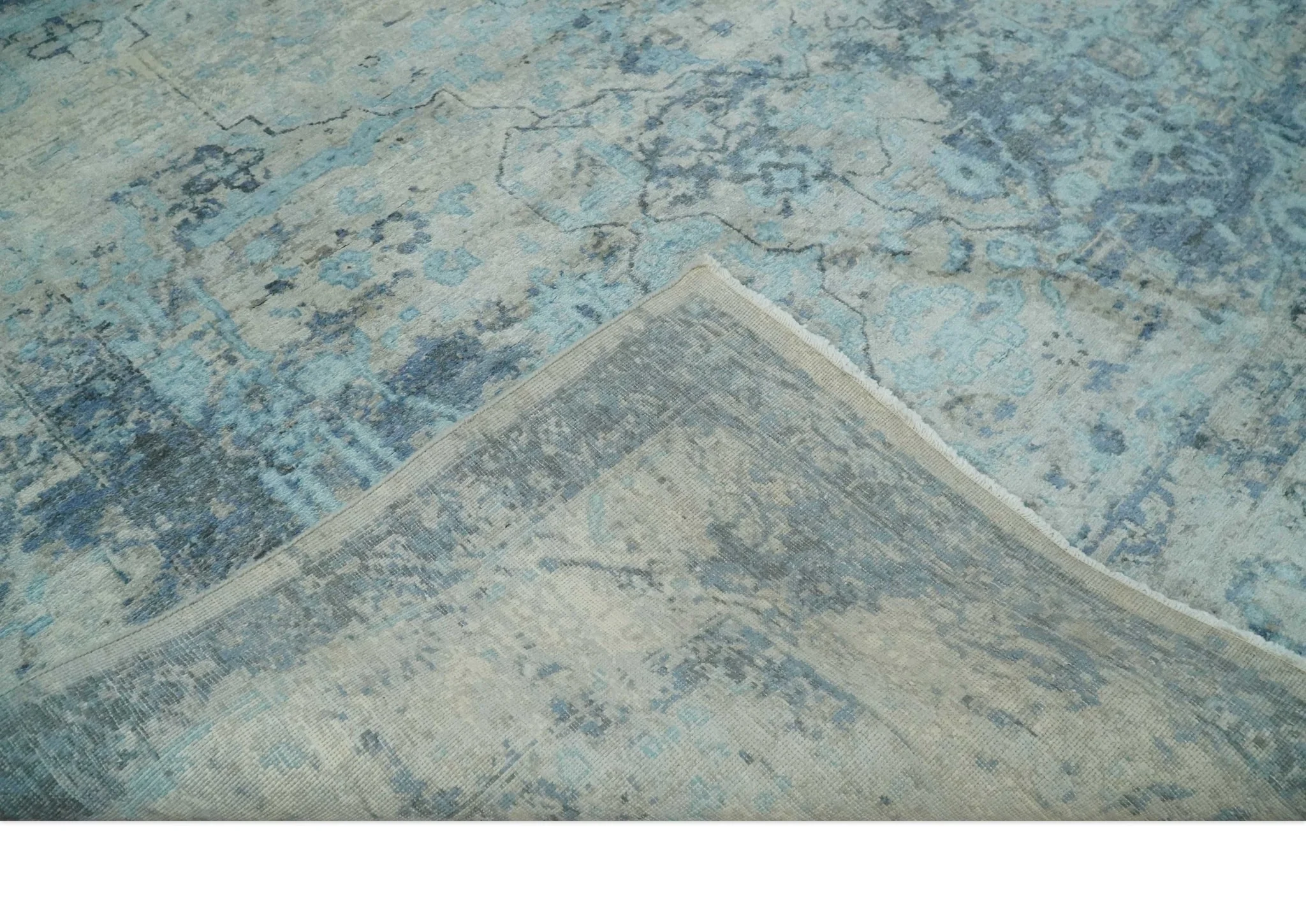 Fine Real Silk 8x10 Hand Knotted Aqua, Camel and Charcoal Antique Traditional Rug - Image 7