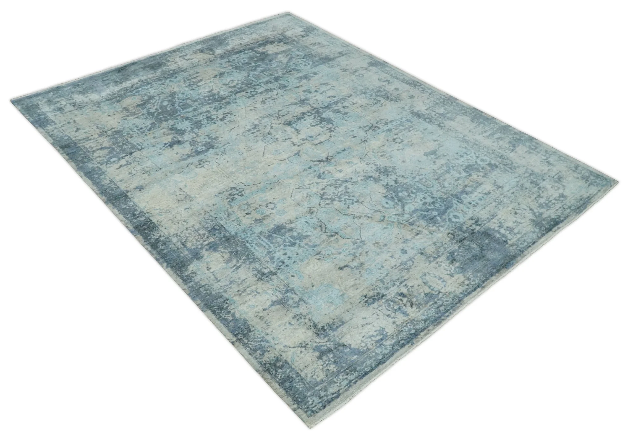 Fine Real Silk 8x10 Hand Knotted Aqua, Camel and Charcoal Antique Traditional Rug - Image 9