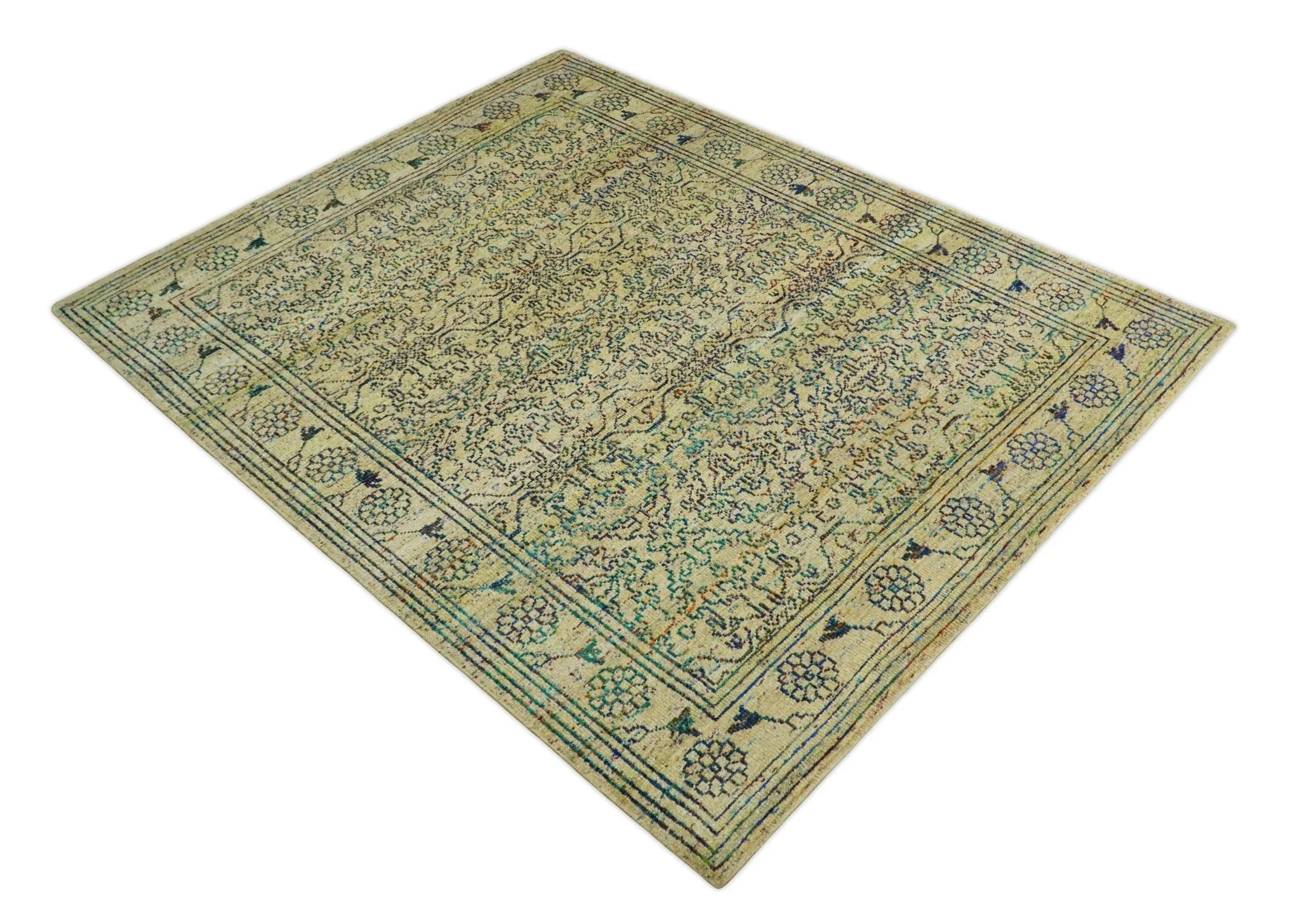 Antique 8x10 Hand Knotted Beige and Blue Persian made of Recycled Silk Area Rug | OP20 - Image 11