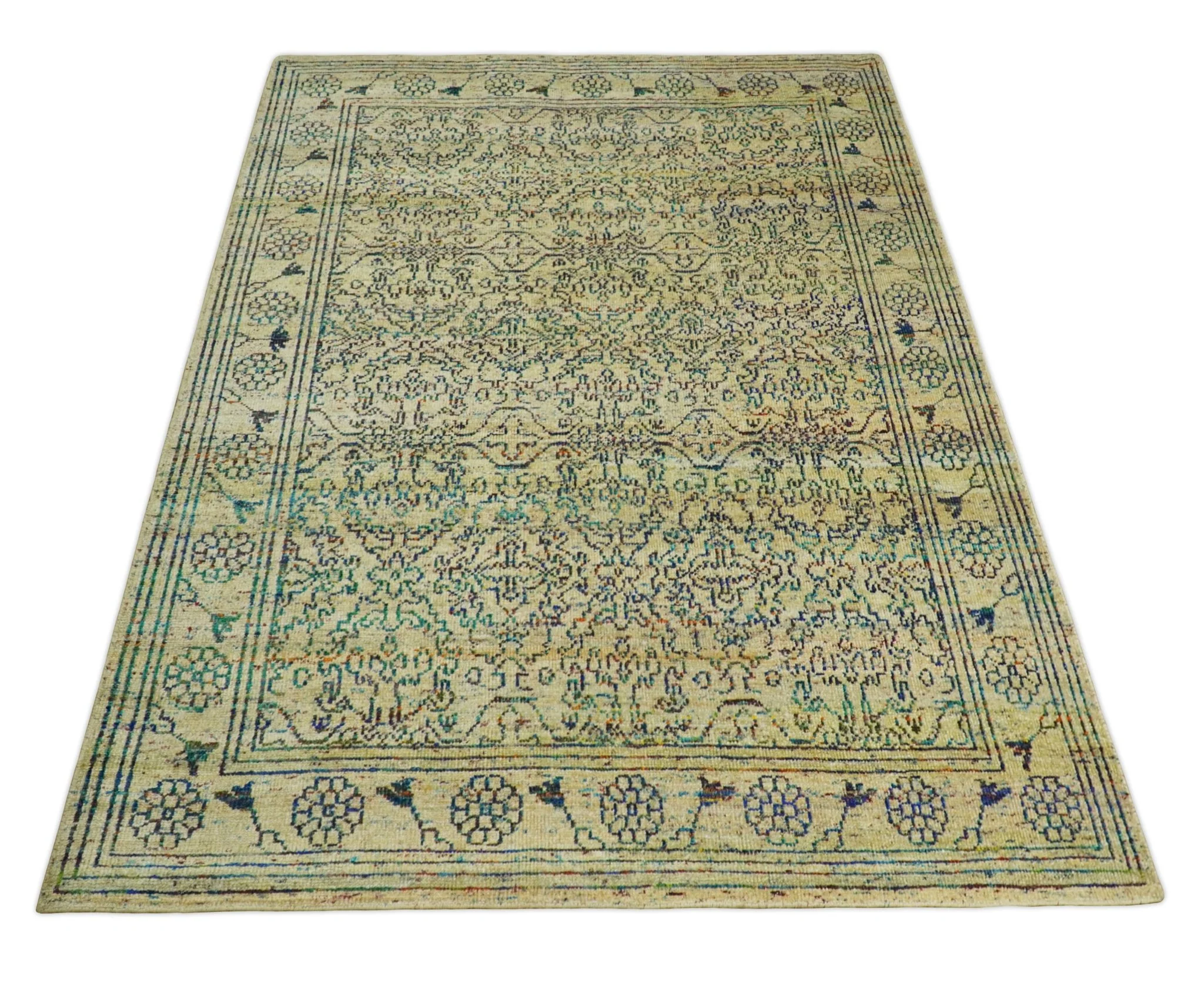 Antique 8x10 Hand Knotted Beige and Blue Persian made of Recycled Silk Area Rug | OP20 - Image 12