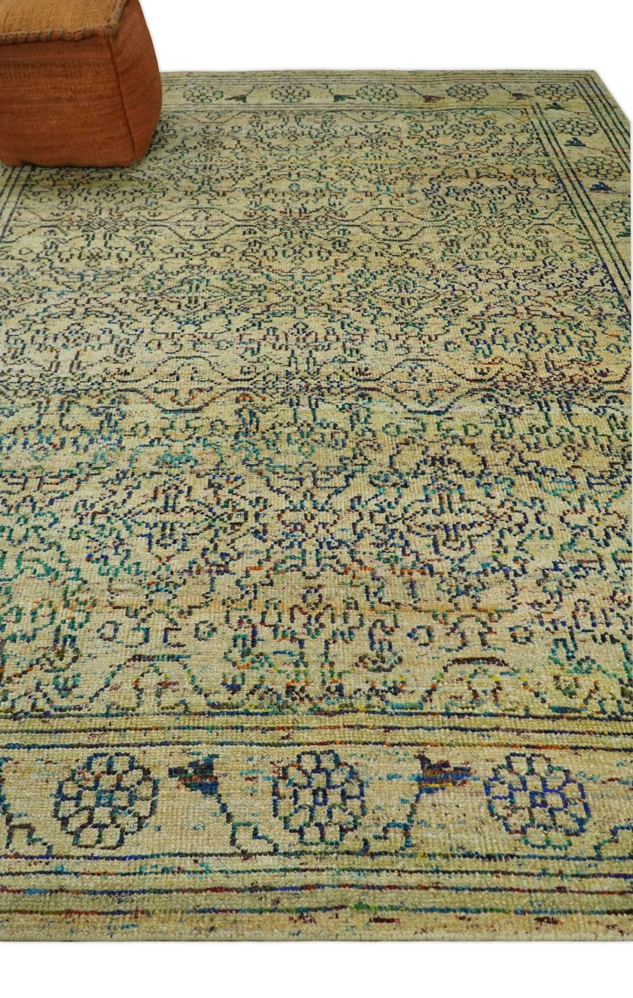 Antique 8x10 Hand Knotted Beige and Blue Persian made of Recycled Silk Area Rug | OP20 - Image 3