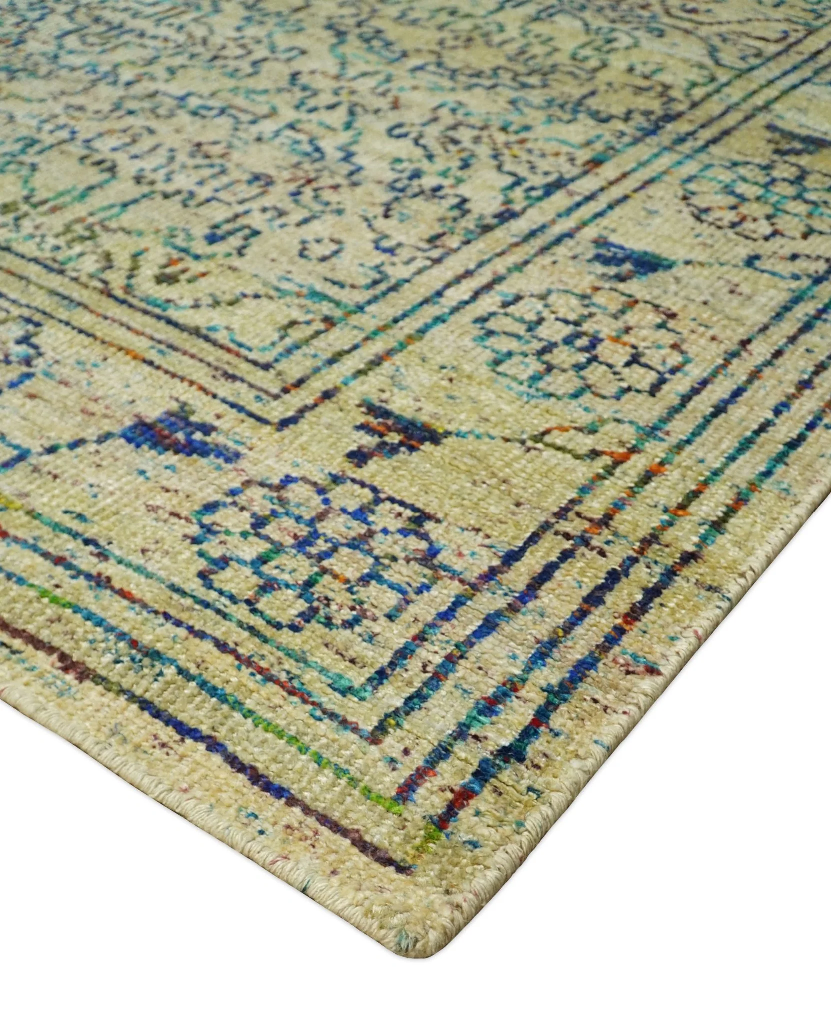 Antique 8x10 Hand Knotted Beige and Blue Persian made of Recycled Silk Area Rug | OP20 - Image 5