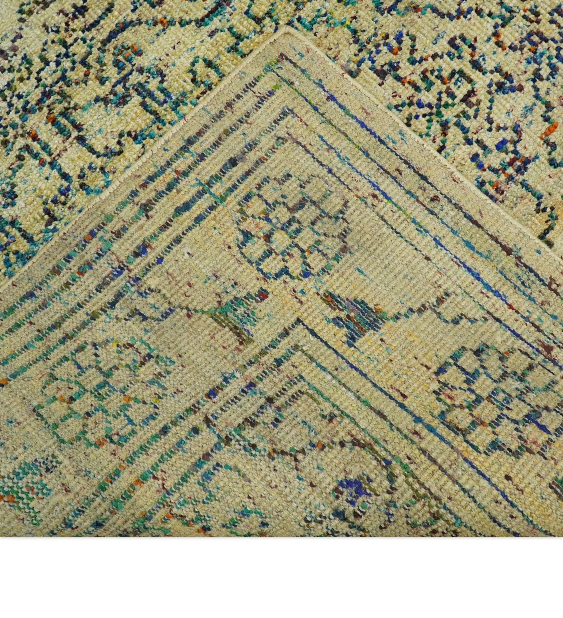 Antique 8x10 Hand Knotted Beige and Blue Persian made of Recycled Silk Area Rug | OP20 - Image 7