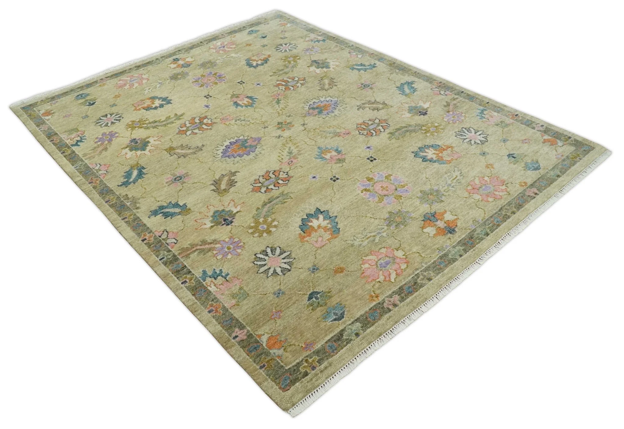 8x10 Hand Knotted  Brown and Olive Traditional Vintage Persian Oushak Antique Wool Rug | TRDCP962810 - Image 11