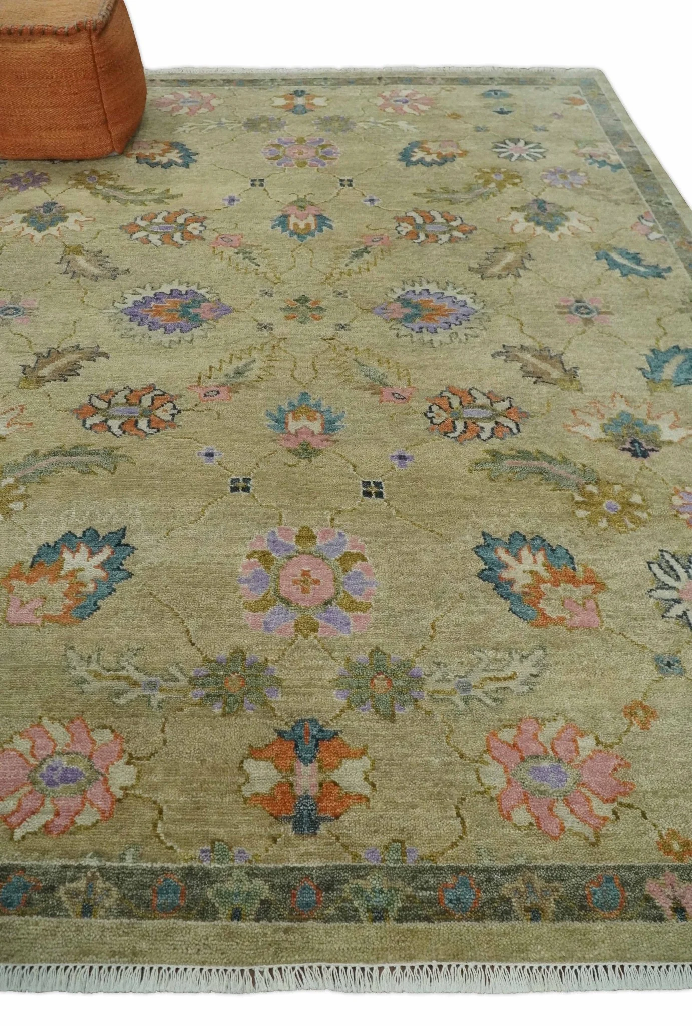 8x10 Hand Knotted  Brown and Olive Traditional Vintage Persian Oushak Antique Wool Rug | TRDCP962810 - Image 3