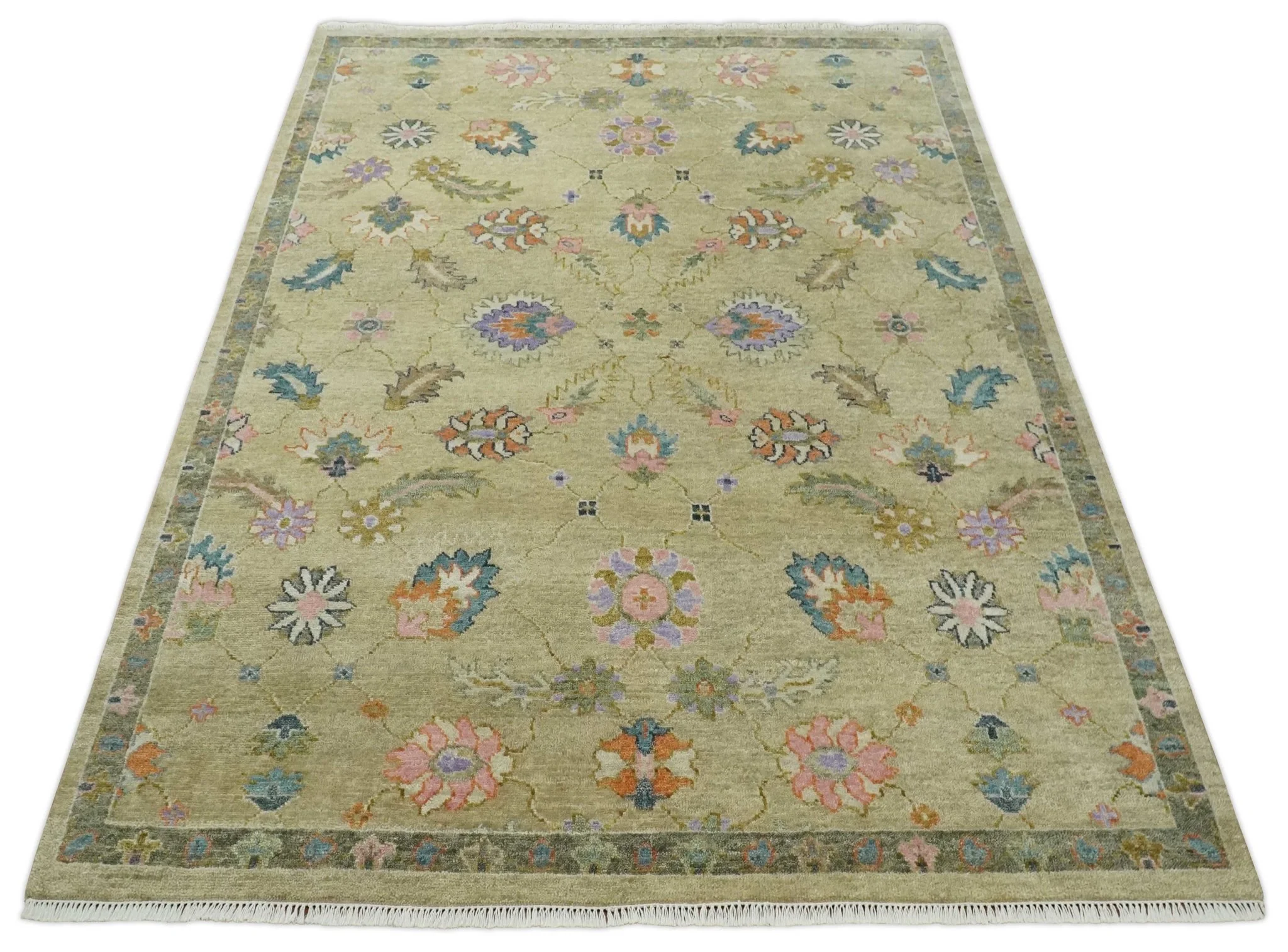 8x10 Hand Knotted  Brown and Olive Traditional Vintage Persian Oushak Antique Wool Rug | TRDCP962810 - Image 8