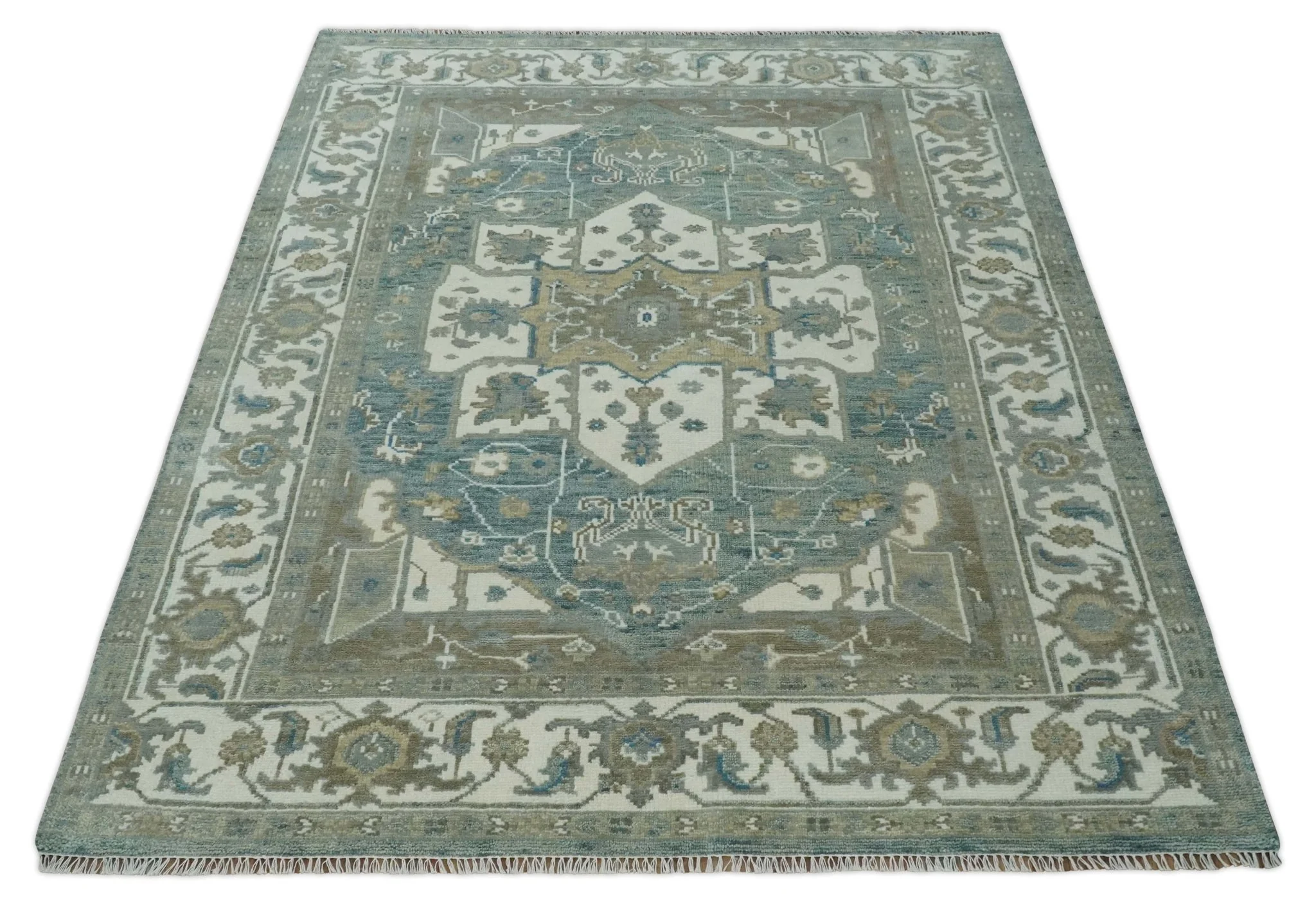 8x10 Hand Knotted Beige, Ivory and Gray Traditional Turkish Design Wool Area Rug - Image 10