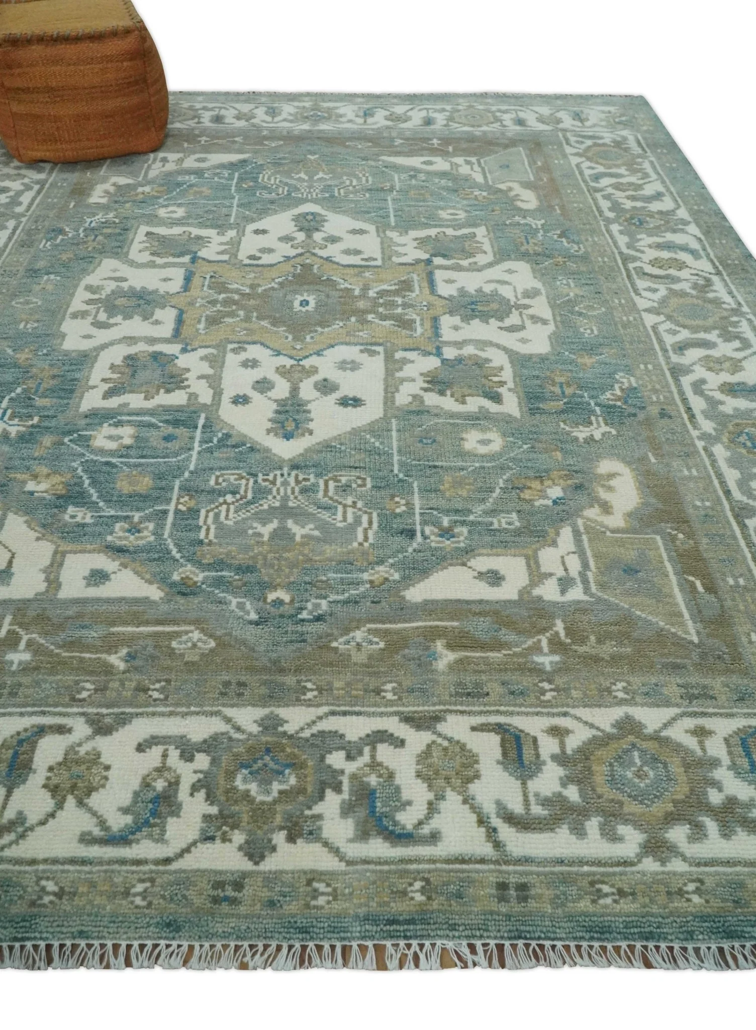 8x10 Hand Knotted Beige, Ivory and Gray Traditional Turkish Design Wool Area Rug - Image 3
