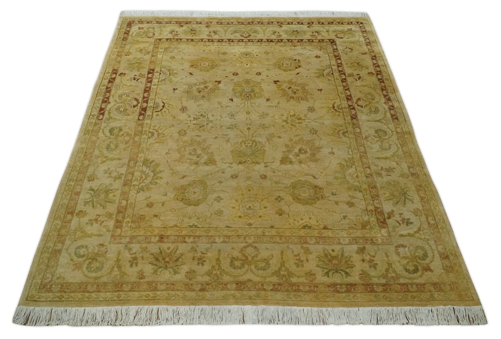 Antique Style 8x10 Hand Knotted Beige, Olive and Brown Traditional Oushak Wool Rug - Image 9