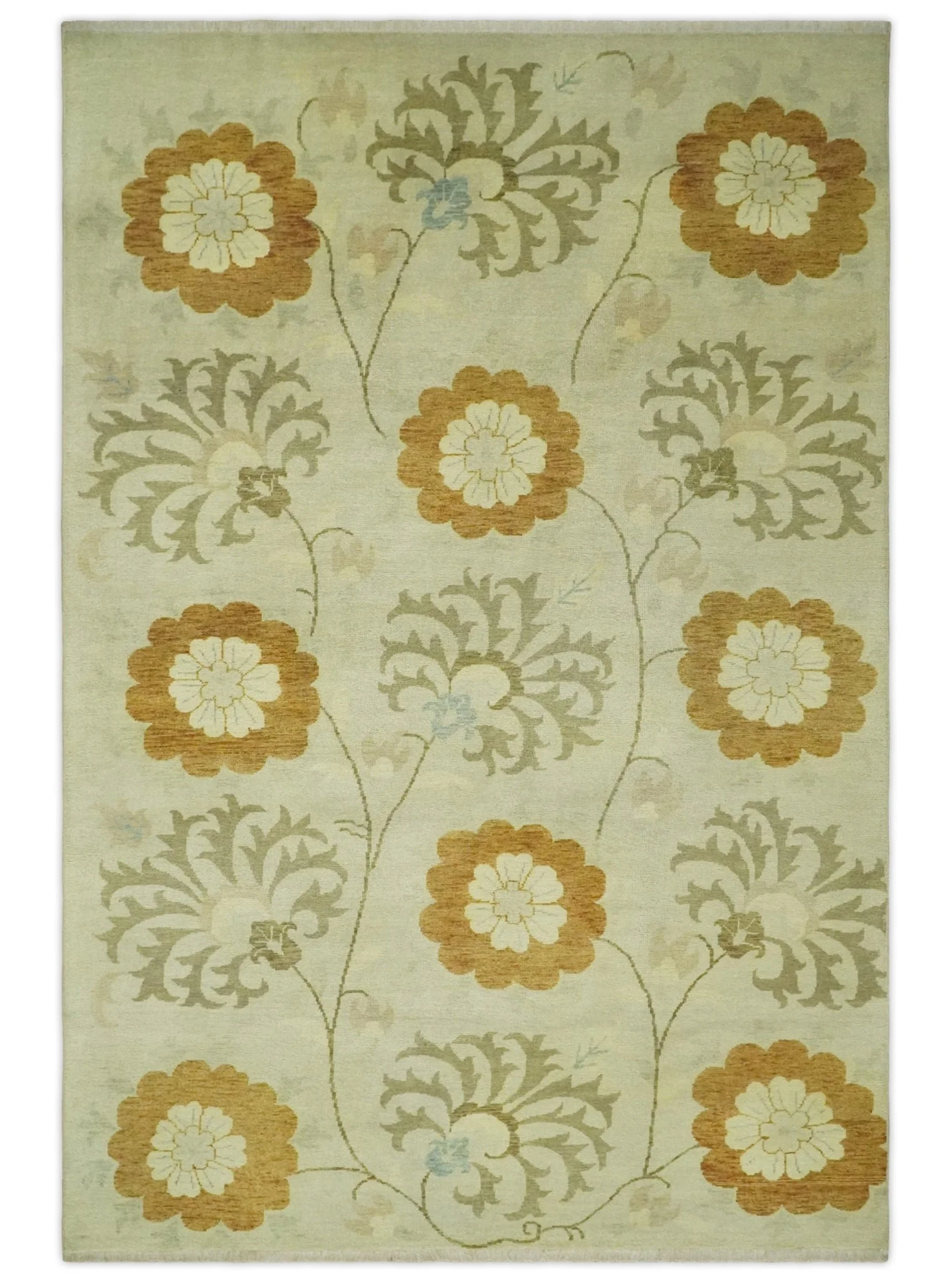 Antique Turkish Floral 8x10, 6x9, 4x6 and 2.6x10 Hand Knotted Beige, Olive and Rust Floral Persian Rug | AC5 - Image 11