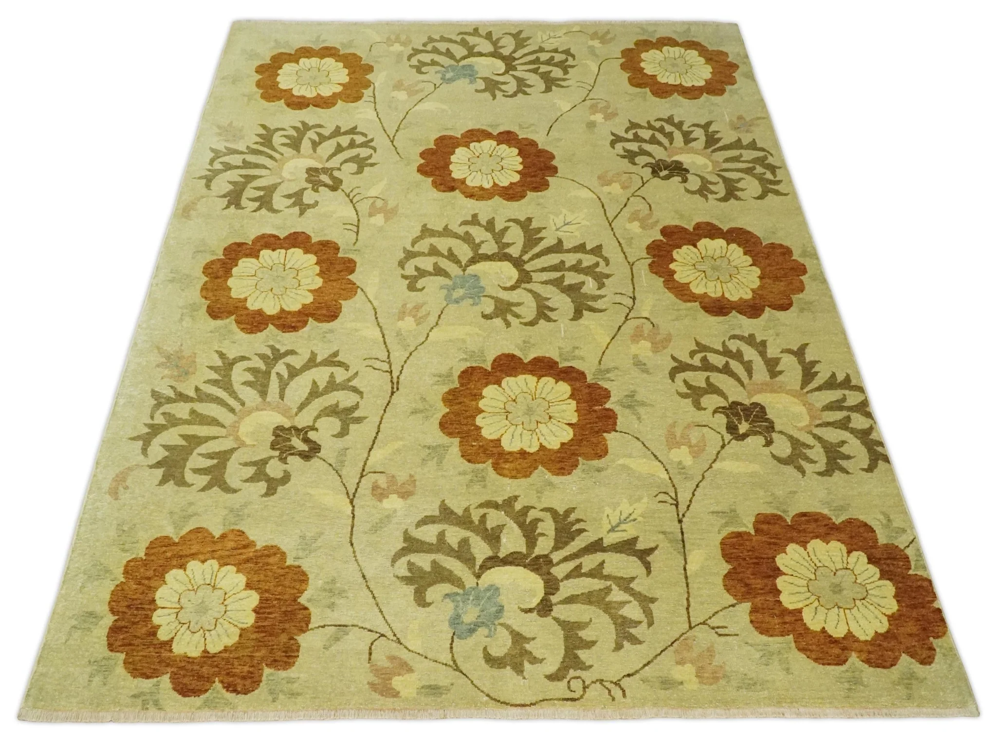 Antique Turkish Floral 8x10, 6x9, 4x6 and 2.6x10 Hand Knotted Beige, Olive and Rust Floral Persian Rug | AC5 - Image 9