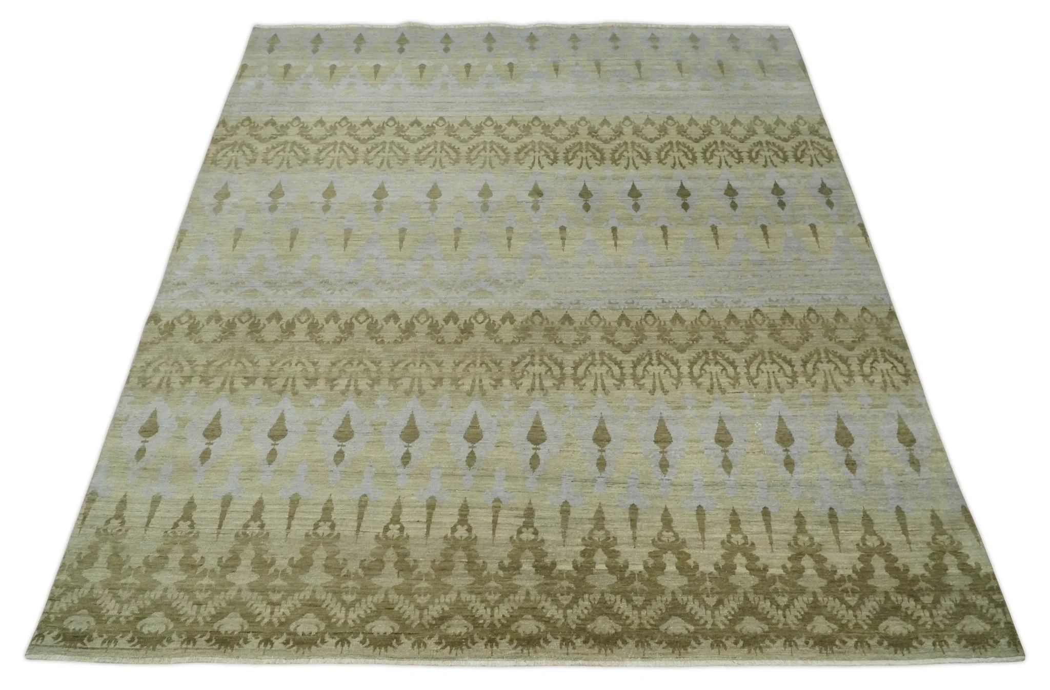 Fine Green 8x10 Hand Knotted Beige, Olive and Silver Traditional Wool Rug - Image 10