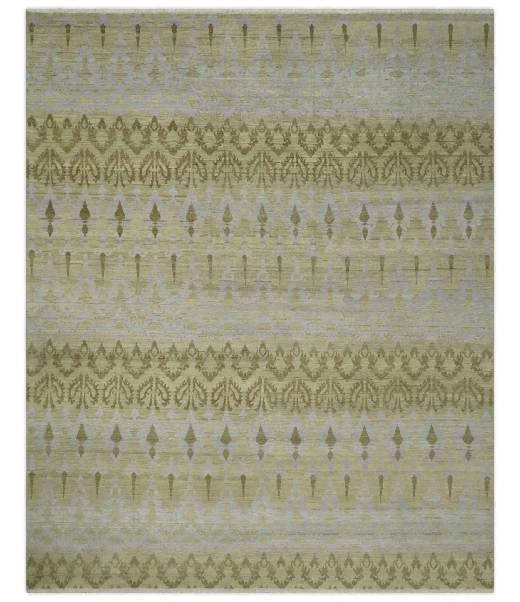 Fine Green 8x10 Hand Knotted Beige, Olive and Silver Traditional Wool Rug - Image 11