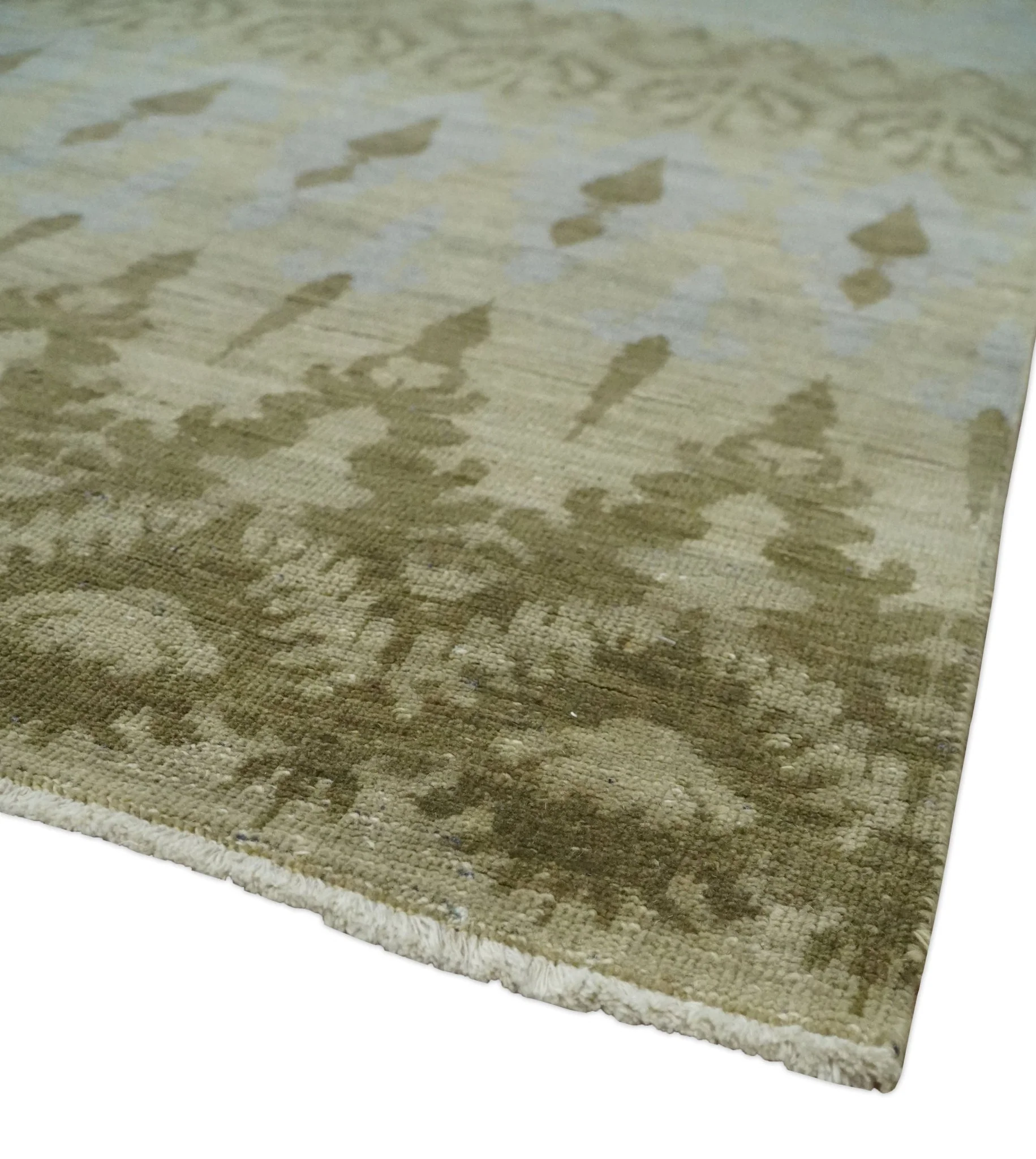 Fine Green 8x10 Hand Knotted Beige, Olive and Silver Traditional Wool Rug - Image 5