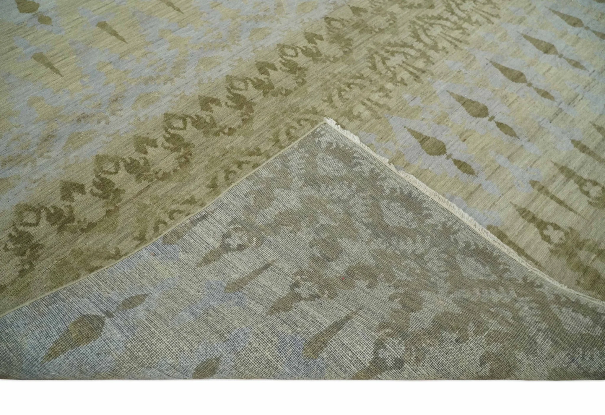 Fine Green 8x10 Hand Knotted Beige, Olive and Silver Traditional Wool Rug - Image 7