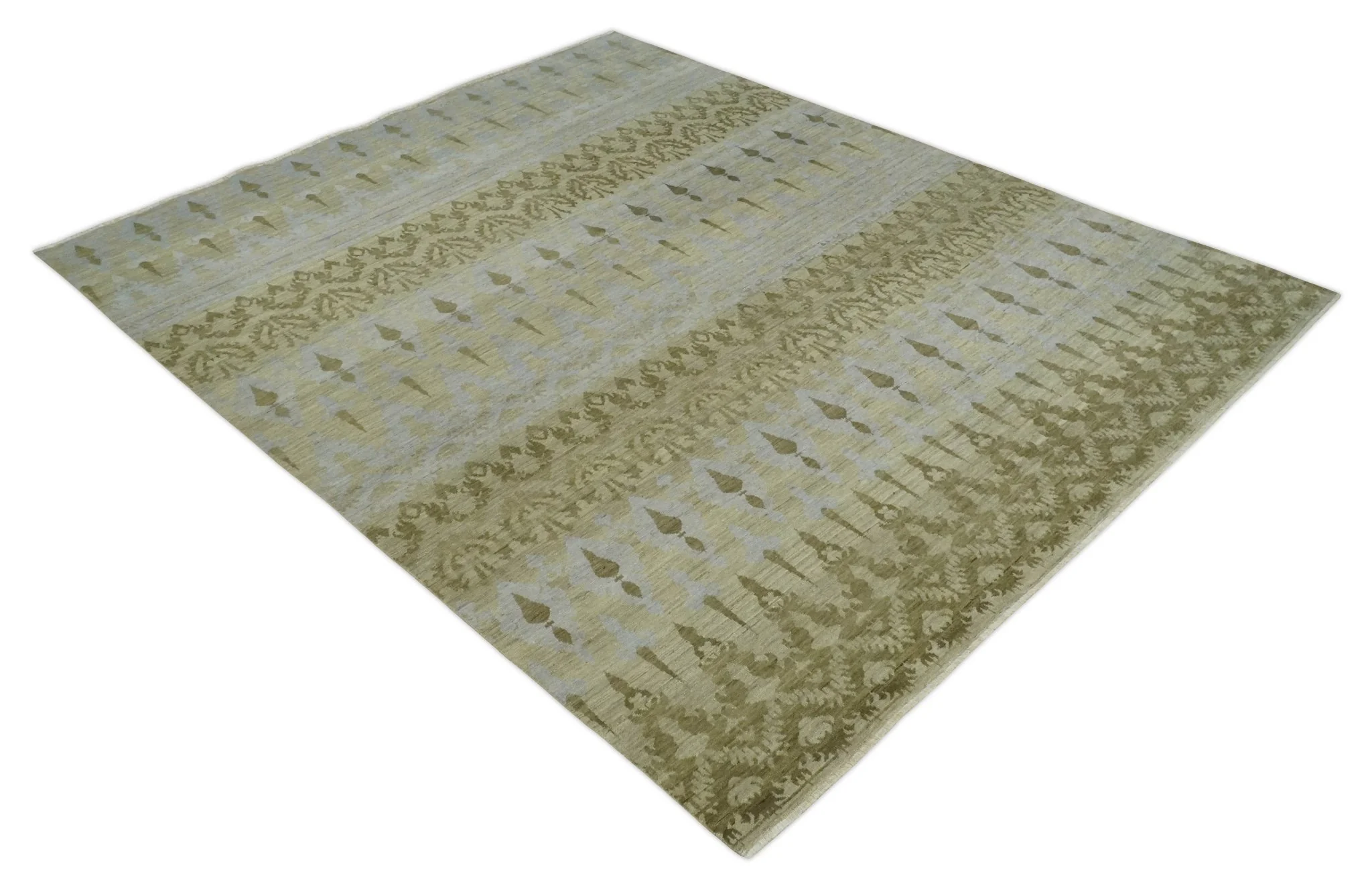 Fine Green 8x10 Hand Knotted Beige, Olive and Silver Traditional Wool Rug - Image 9