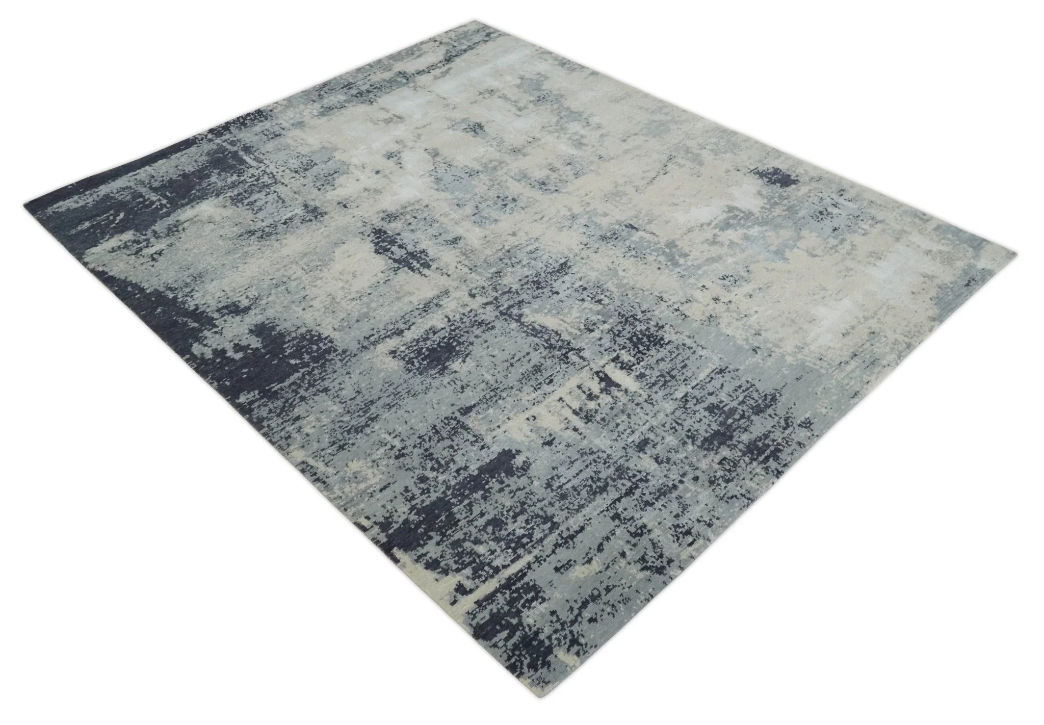 Hand Carved 8x10 Knotted Beige, Silver and Charcoal Modern Abstract Wool And Bamboo Silk Area Rug - Image 10