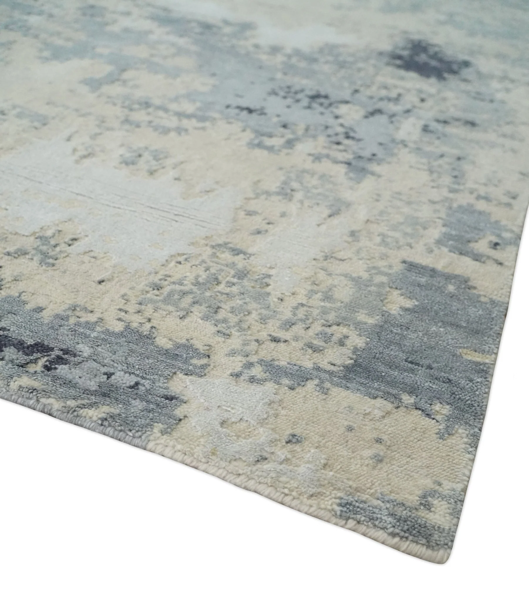 Hand Carved 8x10 Knotted Beige, Silver and Charcoal Modern Abstract Wool And Bamboo Silk Area Rug - Image 5